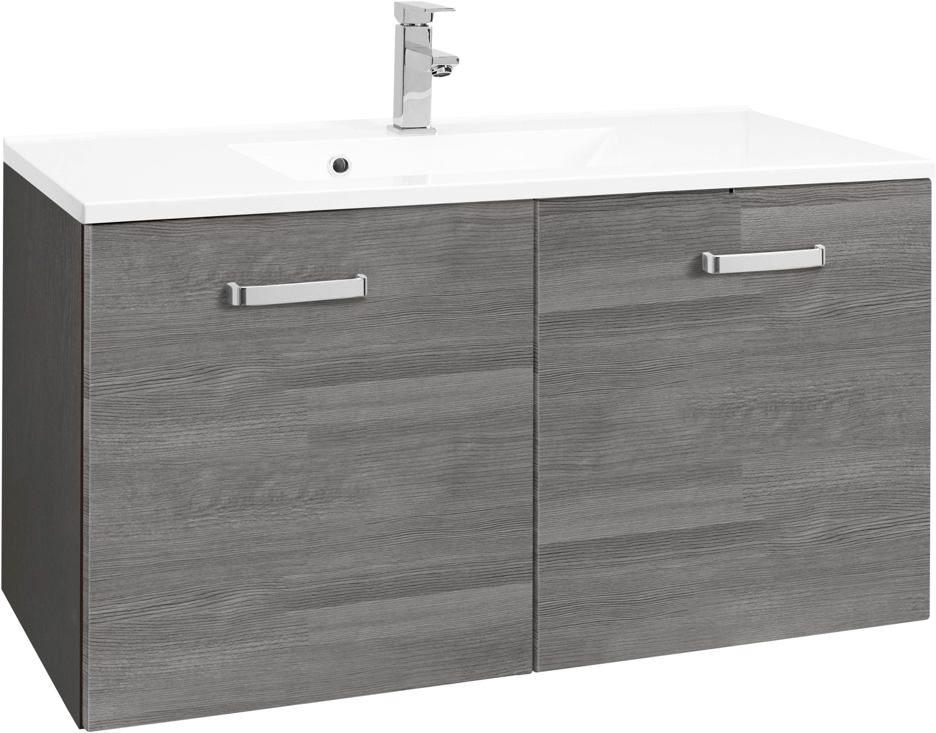 Waschbeckenunterschrank „Ravenna“, Bad, Waschtisch inkl. Waschbecken, Breite 80 cm, eichefarben/silber/graphit B/H/T: 80 cm x 54 cm x 48 cm