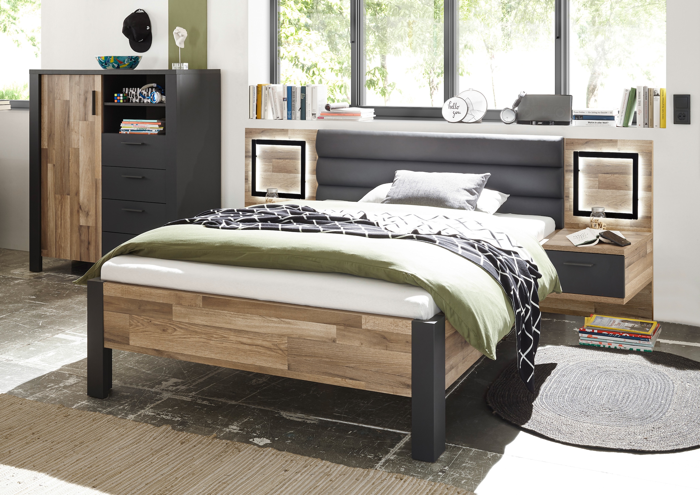 Begabino Schubkastenkommode »Dallas Hochkommode, Sideboard, Wäscheschrank«, mit Schubkästen, Schrank in Montana Oak-Graphit