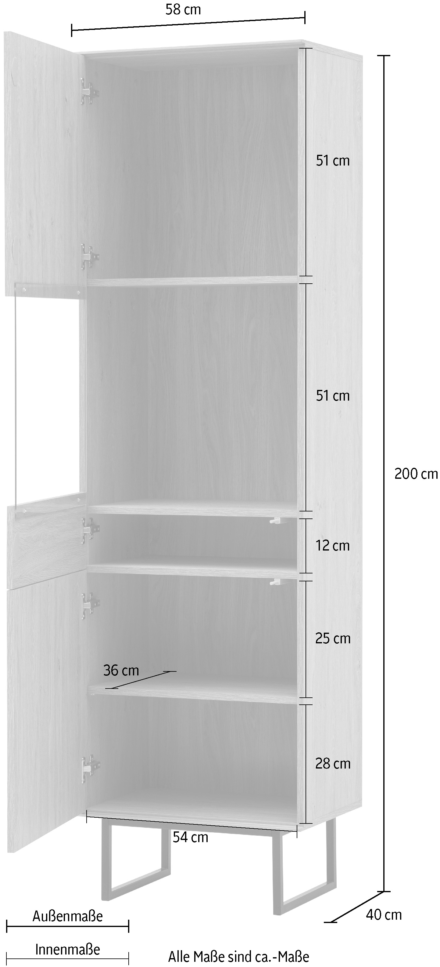 Home affaire Vitrine »Lund, moderner Hochschrank, Glasvitrine mit Kufengestell aus Metall«, optisch dünner Oberboden, hochwertige Optik, ausreichend Stauraum