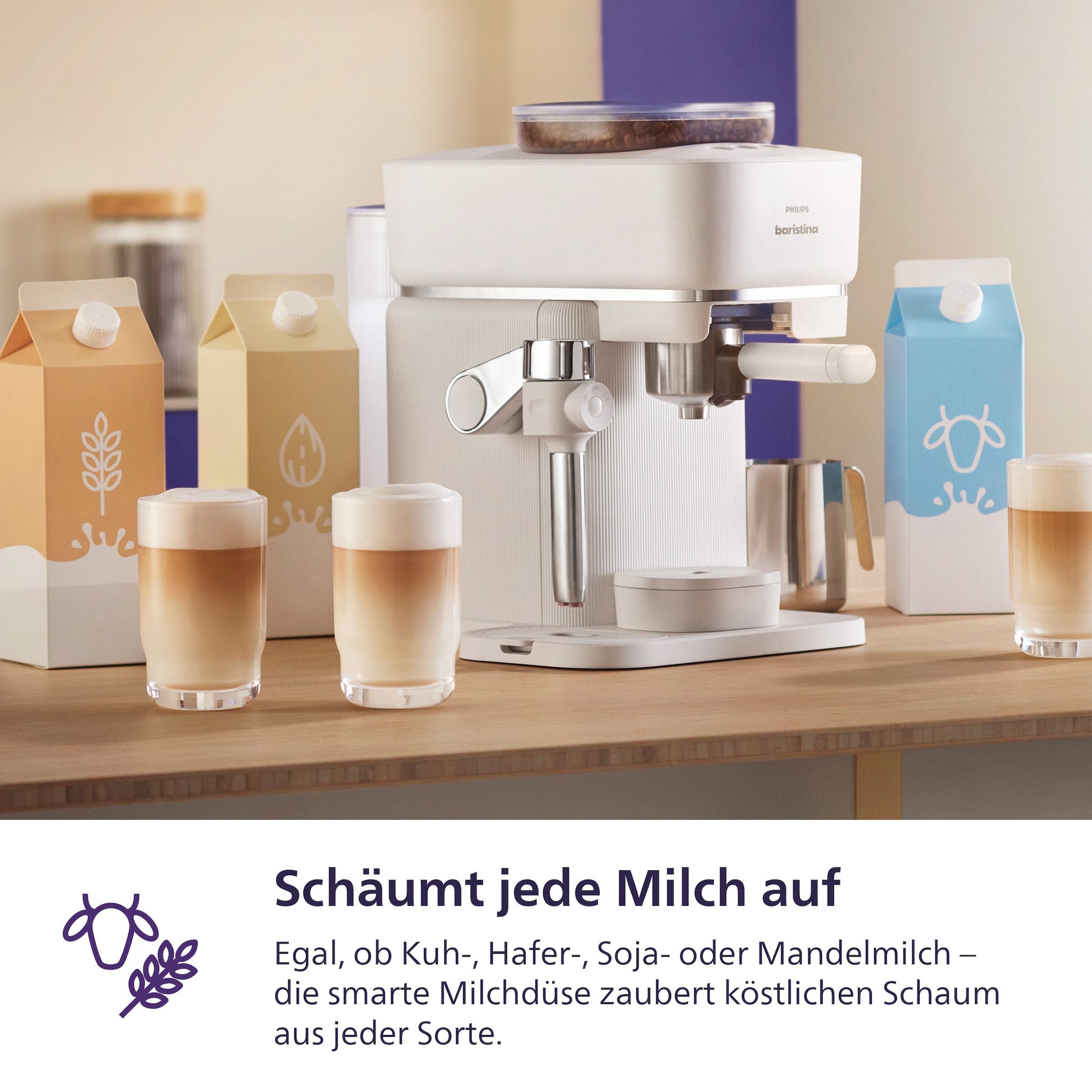 PHILIPS baristina Espressomaschine »Latte BAR400/00 mit Mahlwerk für ganze Bohnen und Milchschaumdüse« 3 Schaumarten, 16 bar Pumpendruck, Naturweiß/Weiß