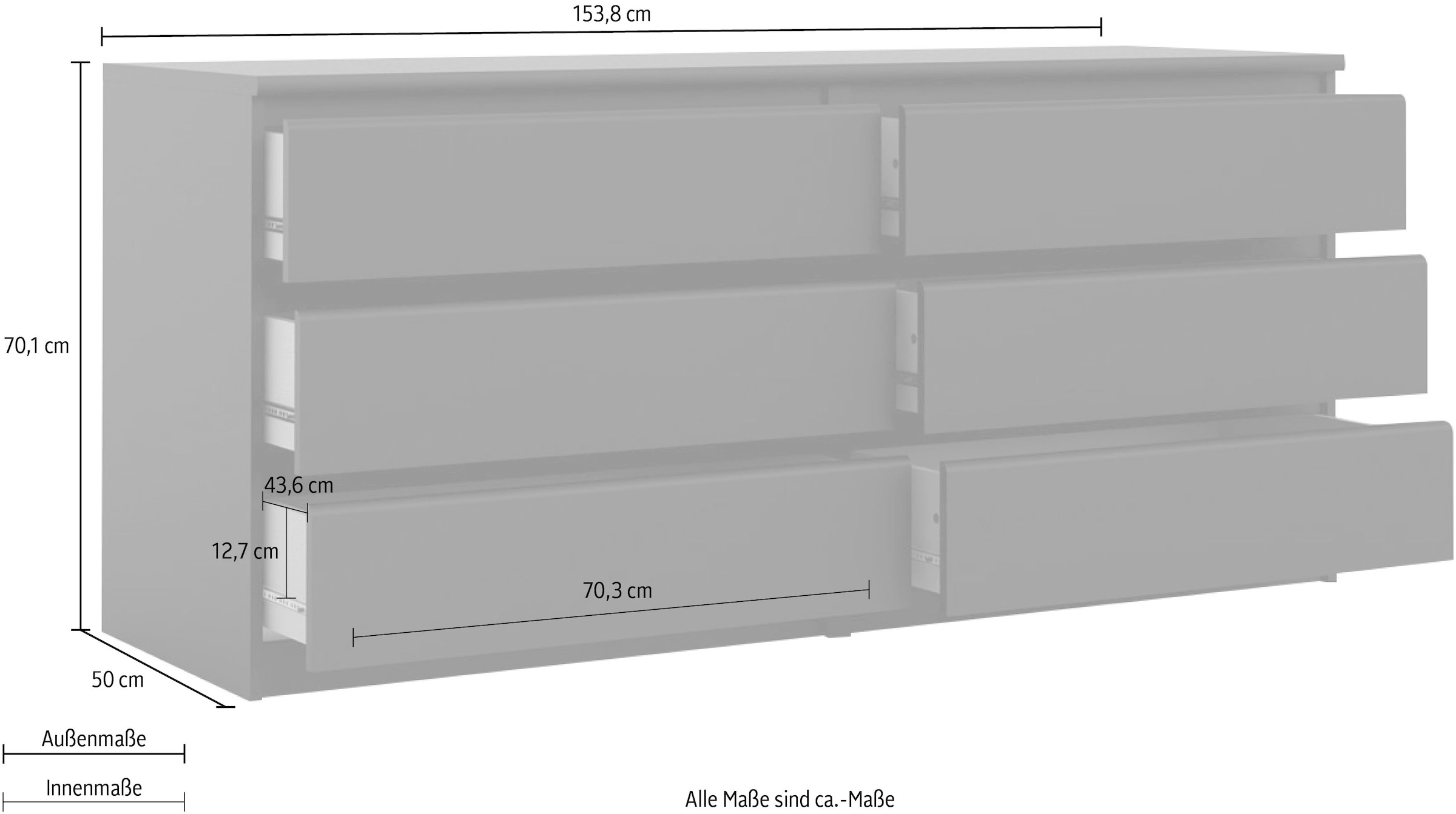 INOSIGN Kommode »Naia, Aufbewahrung, Schubladenschrank, Sideboard,«, Sideboard mit 6 Schubladen, Breite 153 cm, Höhe 70 cm