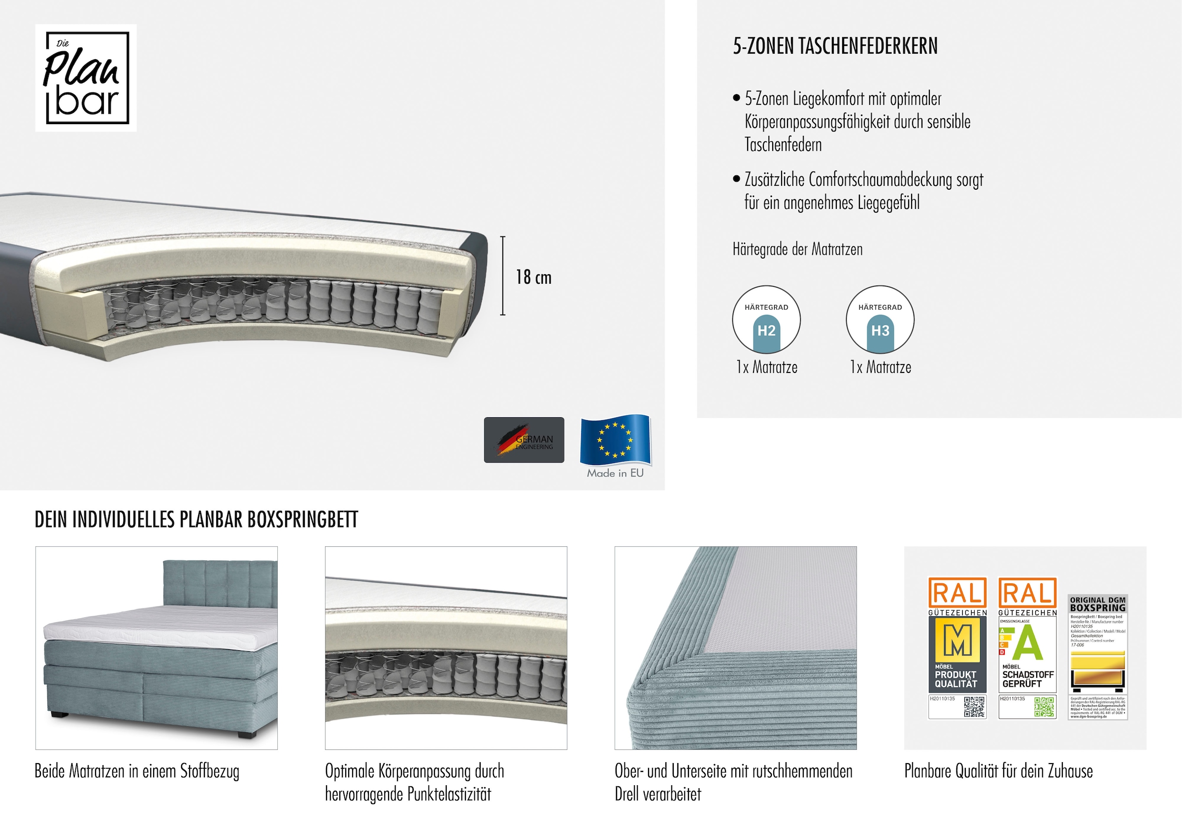 Die PlanBar Boxspringbett »OC-ON21088« inkl. Matratzen u. Bonellfederkern Unterbau, Stauraum, 160/180x200cm