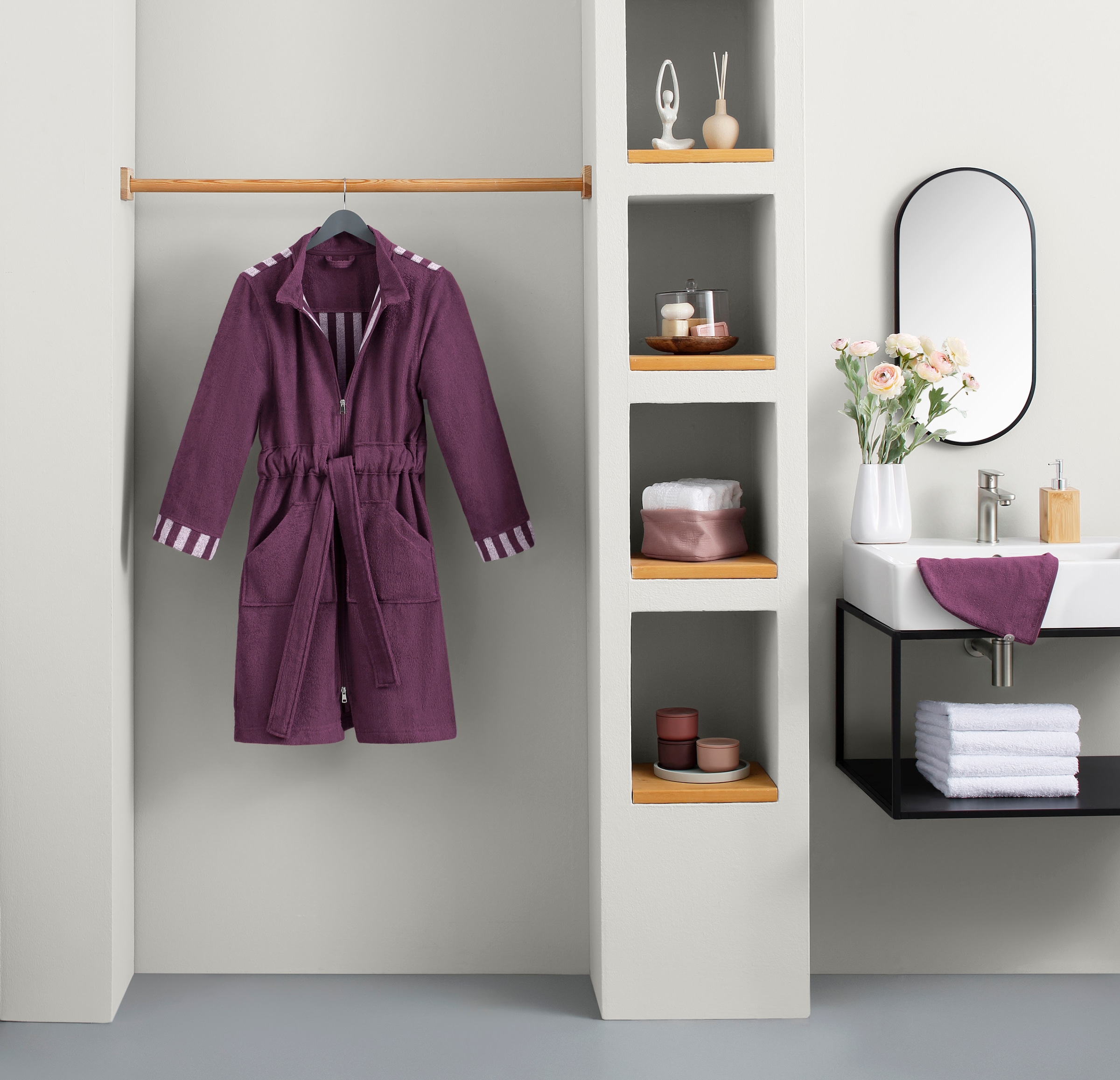 OTTO home Damenbademantel »Sennia, ideal für Sauna & Spa, Hotelbademantel, Morgenmantel« 2 Stk. Steifendetails, 100% Baumwolle, mit GRATIS-Zugabe: 1x Turban-Handtuch