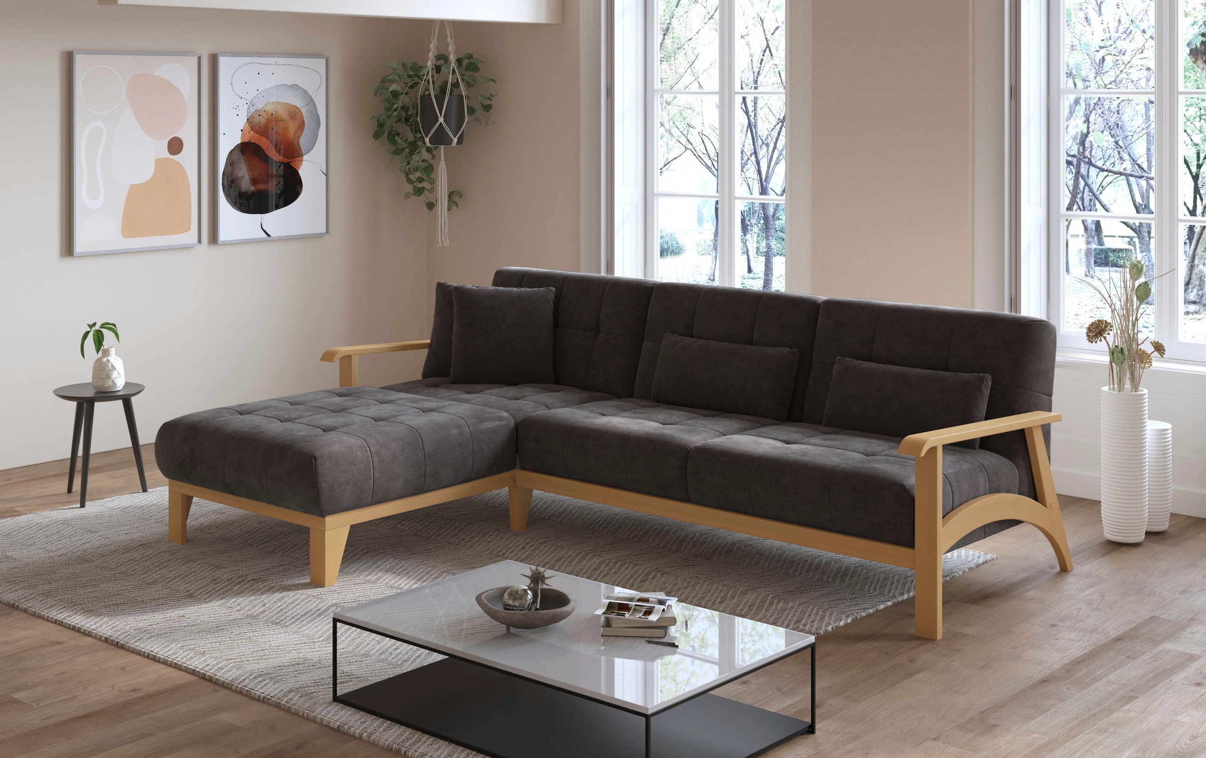 sit&more Ecksofa »Billund L-Form«, Armlehnen aus eichefarbigem Buchenholz, günstig online kaufen