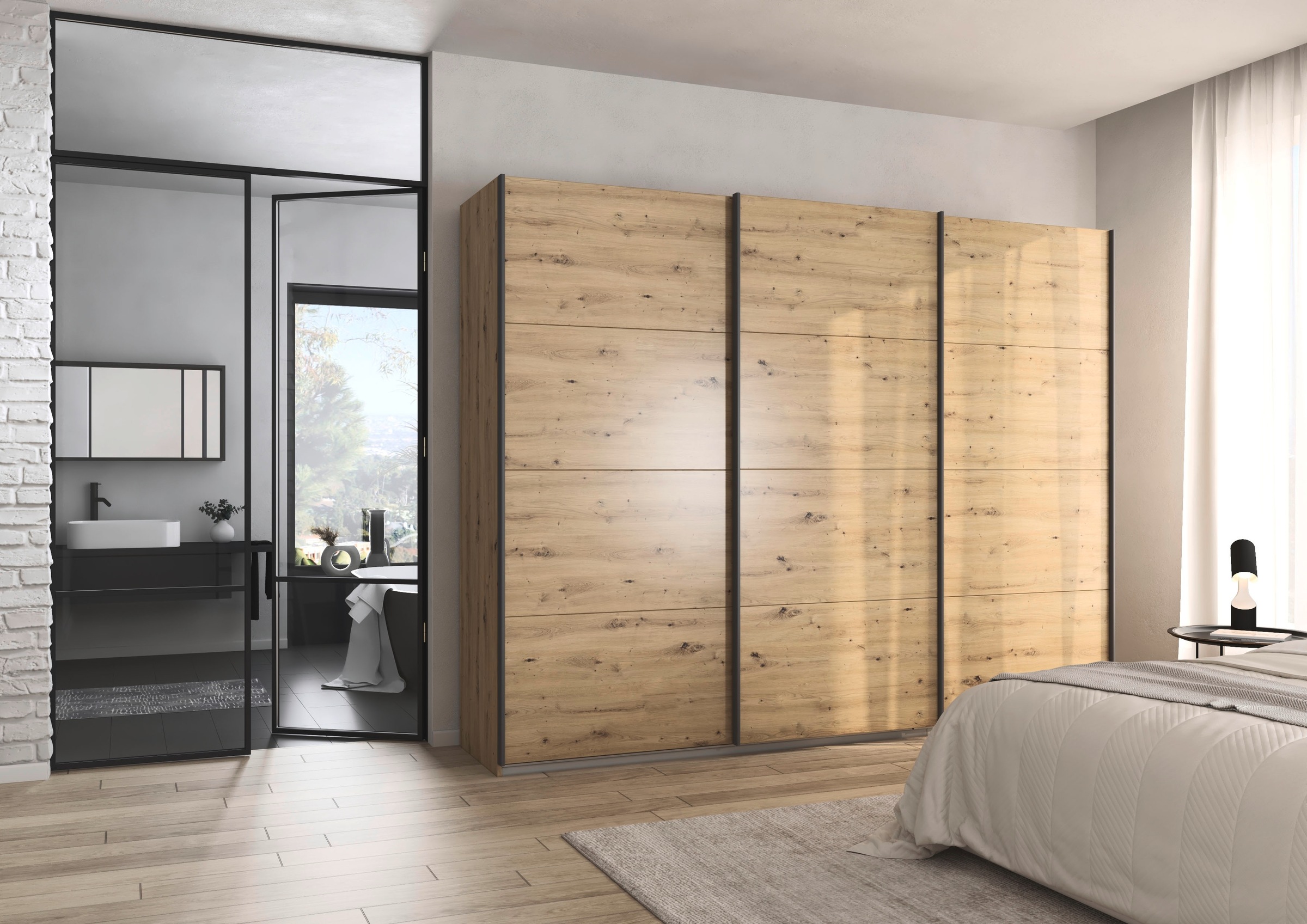 rauch Schwebetürenschrank »Kleiderschrank Schrank Garderobe AGORDO mit Dekor- oder Hochglanzfront«, (in zwei Griff-Farben), durchdachte Innenausstattung, in 4 Breiten und 2 Höhen MADE IN GERMANY