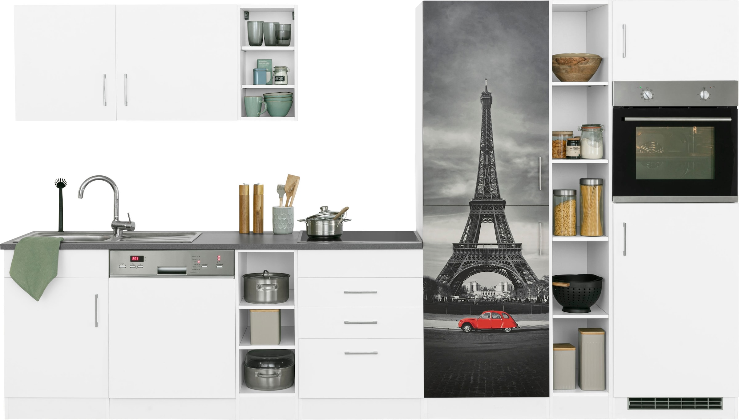 KOCHSTATION Küchenzeile »KS-Paris – Küchen mit einzigartigen Fotomotiven auf den Fronten« Breite 350 cm, wahlweise mit E-Geräten und Induktion