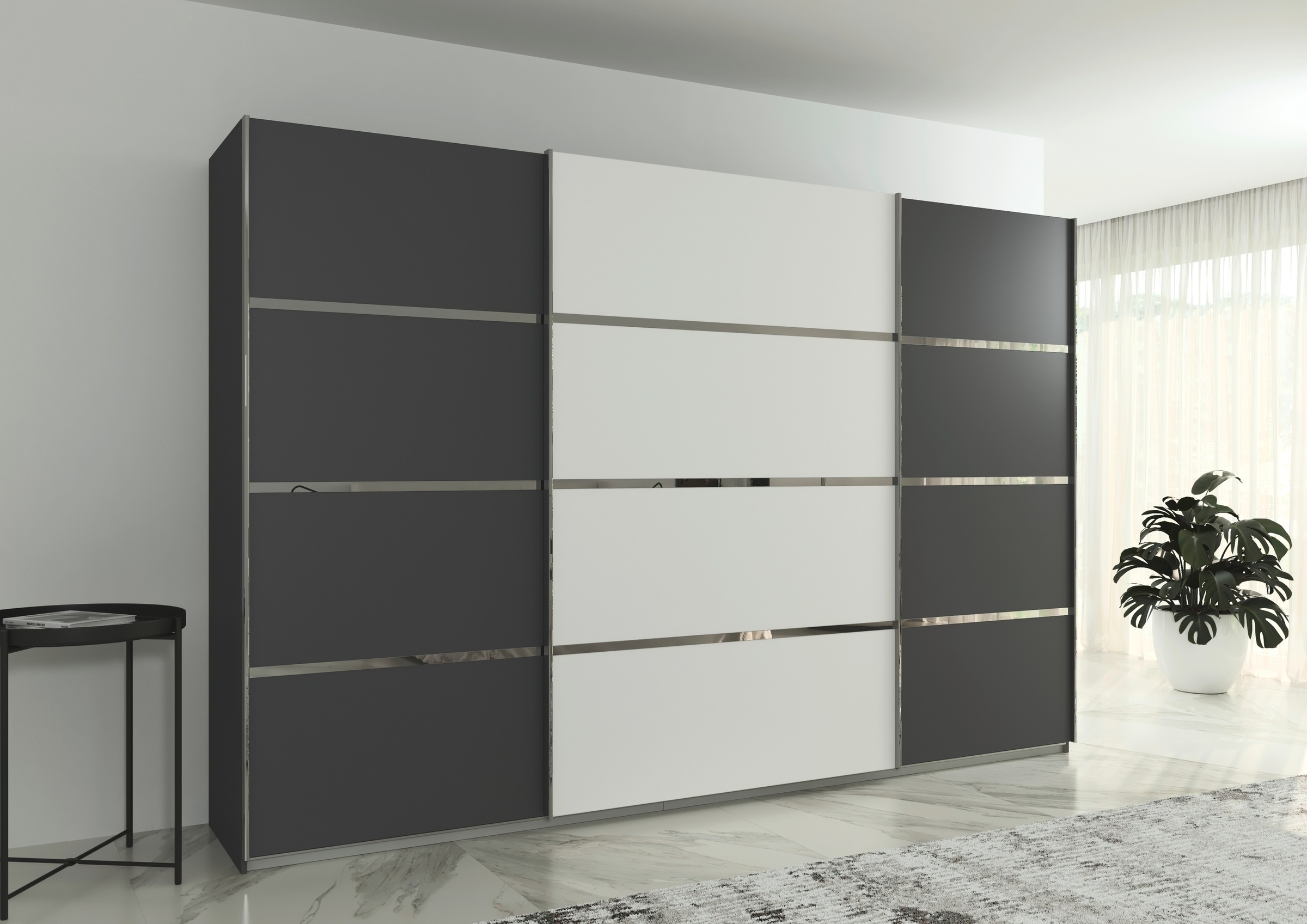rauch Kleiderschrank »Schwebetürenschrank Garderobe Schrank TOP ANGEBOT Avola«, (in 3 verschiedenen Ausstattungen BASIC/CLASSIC/PREMIUM), mit eleganten Zierleisten in Chrom, Schwarz oder Weiß MADE IN GERMANY