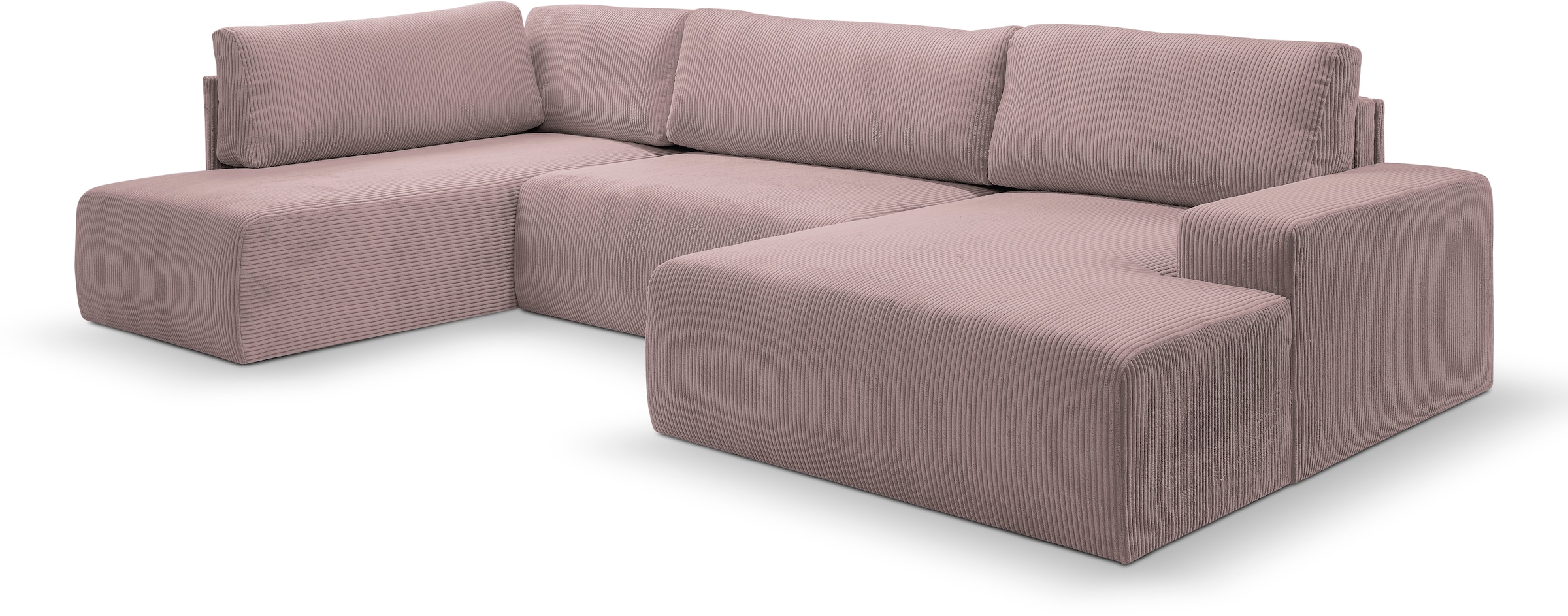 WERK2 Wohnlandschaft »Rotterdam-U, U-Form, in kuschelweichem Cord oder Breitcord«, Design Sofa mit Schlaffunktion & Bettkasten, Cord, Rose