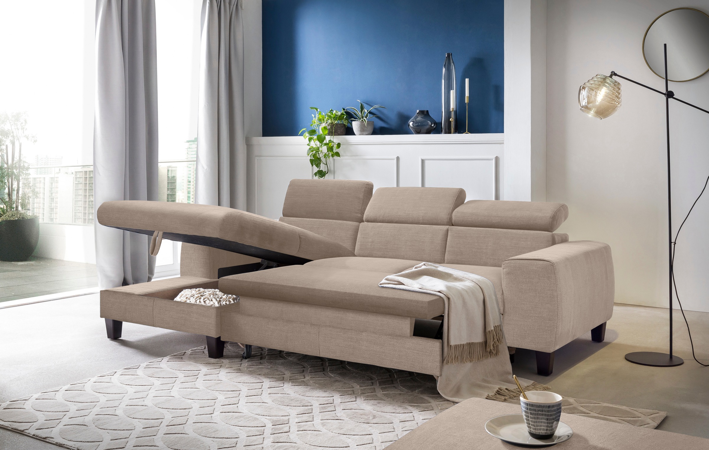 COTTA Ecksofa »Morven L-Form mit Kopfteilverstellung«, wahlweise mit Bettfunktion, Bettkasten & Wireless-Charger