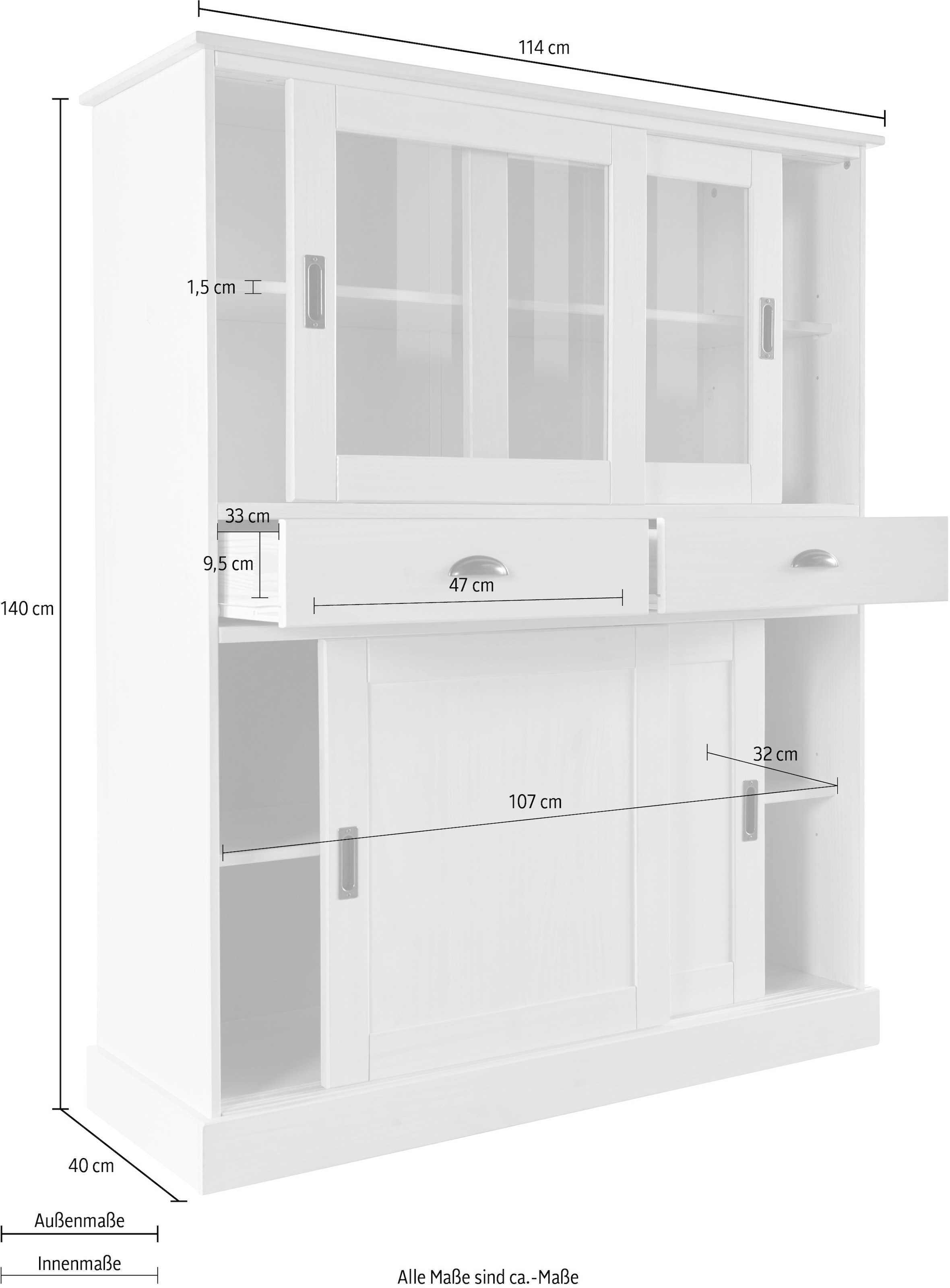 Home affaire Highboard »Schröder«, Vitrine aus massivem Kiefernholz, Breite 114 cm