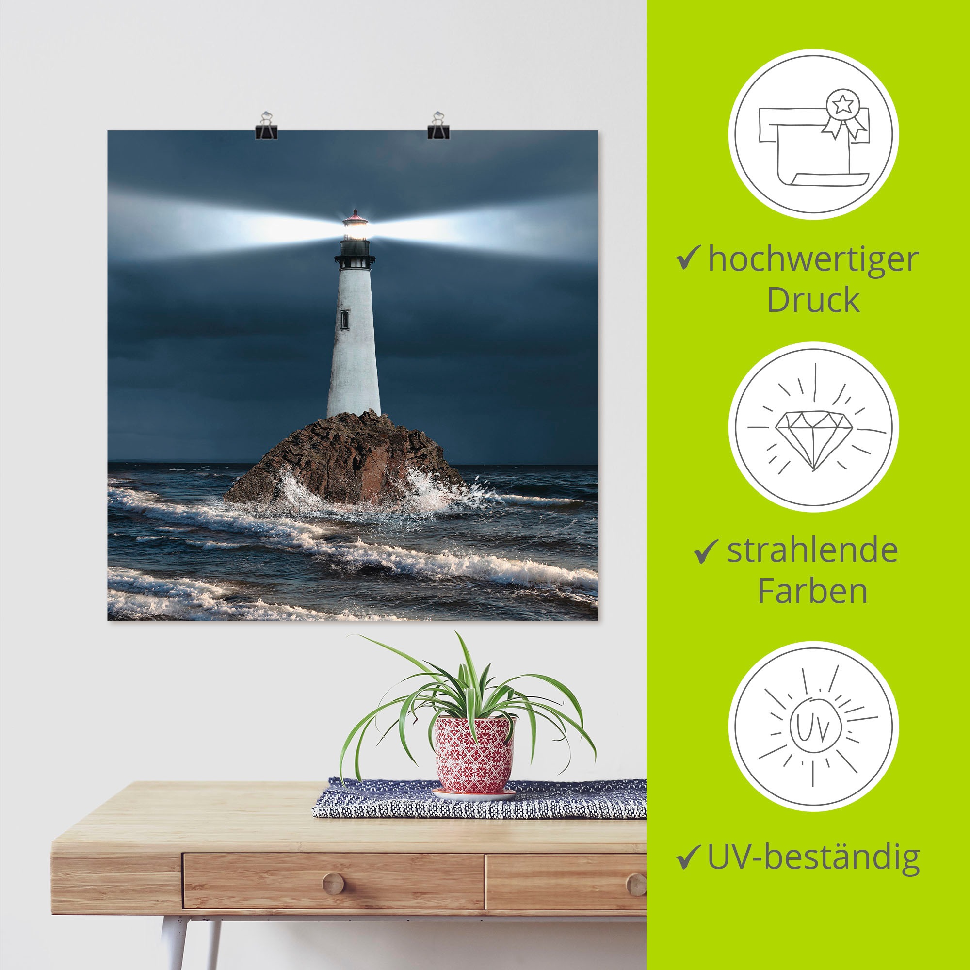 Artland Wandbild »Bild von Leuchtturm mit Lichtstrahl«, Gebäude, (1 St.), als Alubild, Outdoorbild, Leinwandbild, Poster, Wandaufkleber