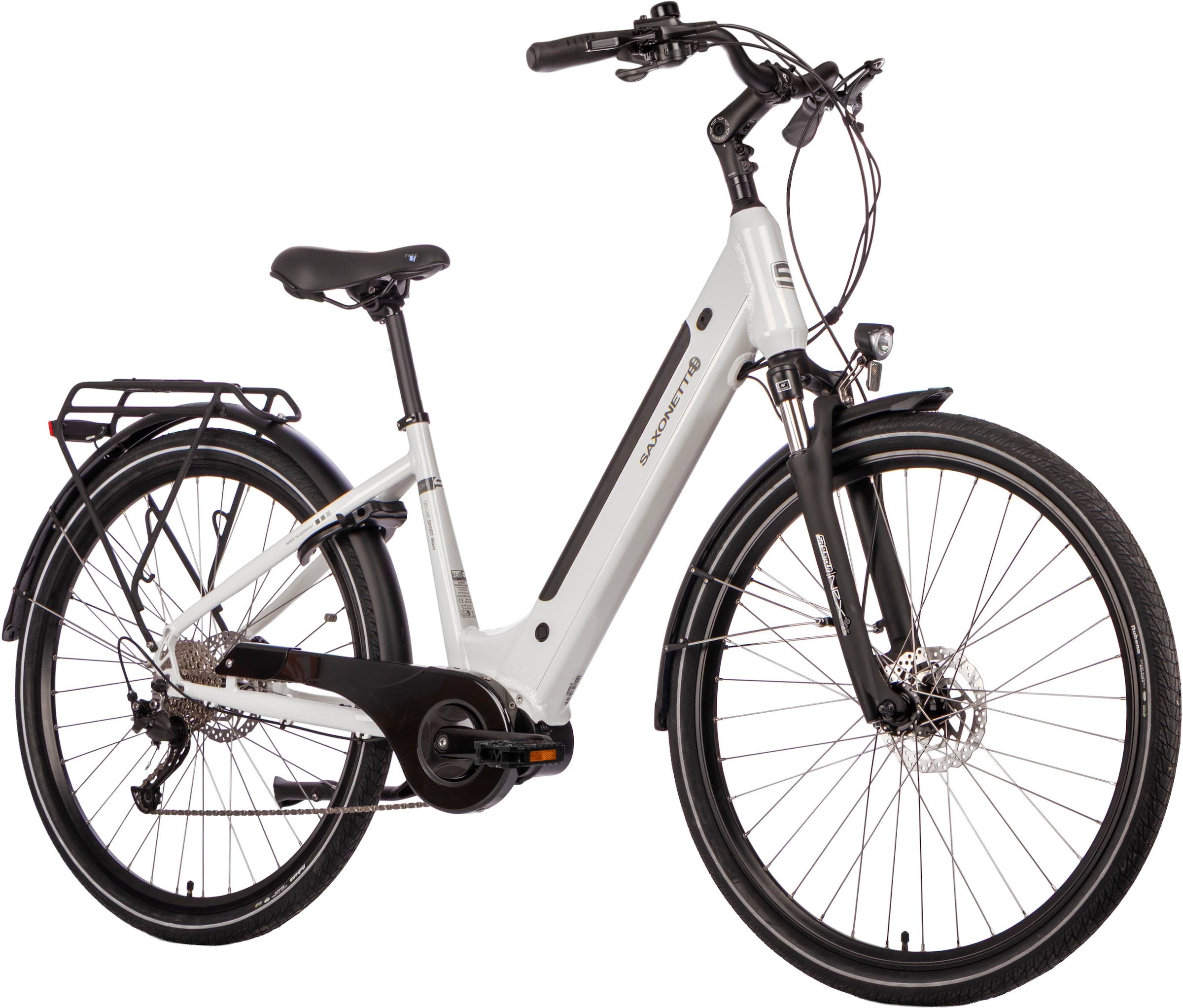 SAXONETTE E-Bike »E-Bike Cityrad Deluxe Sport (Wave)«, 9 Gang, Shimano, Alivio, Mittelmotor 250 W, (Packung), (mit integr. Akku), Elektrofahrrad für Damen u. Herren