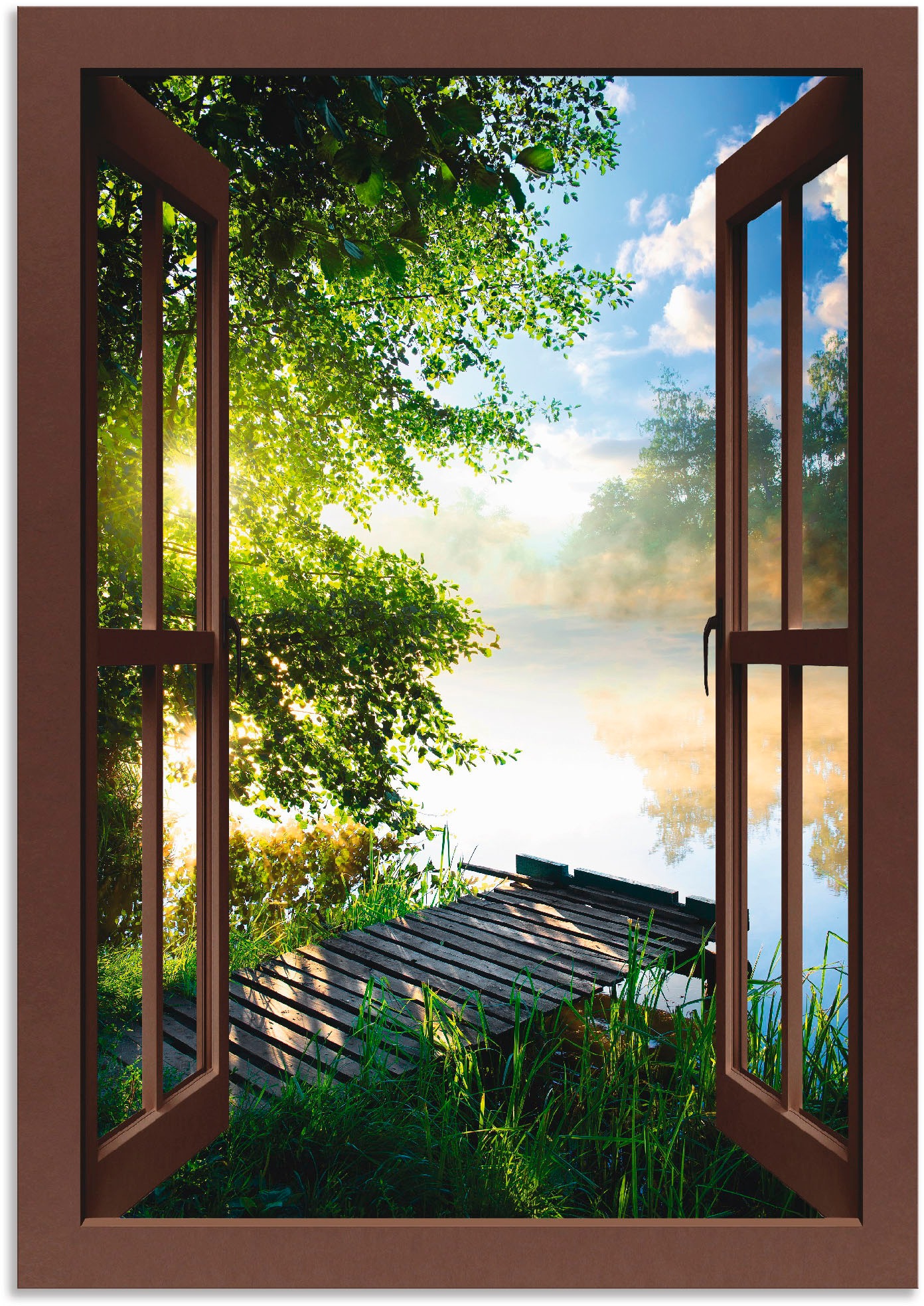 Artland Wandbild »Fensterblick Angelsteg am Fluss«, Fensterblick, (1 St.), als Alubild, Outdoorbild, Leinwandbild, Poster, Wandaufkleber