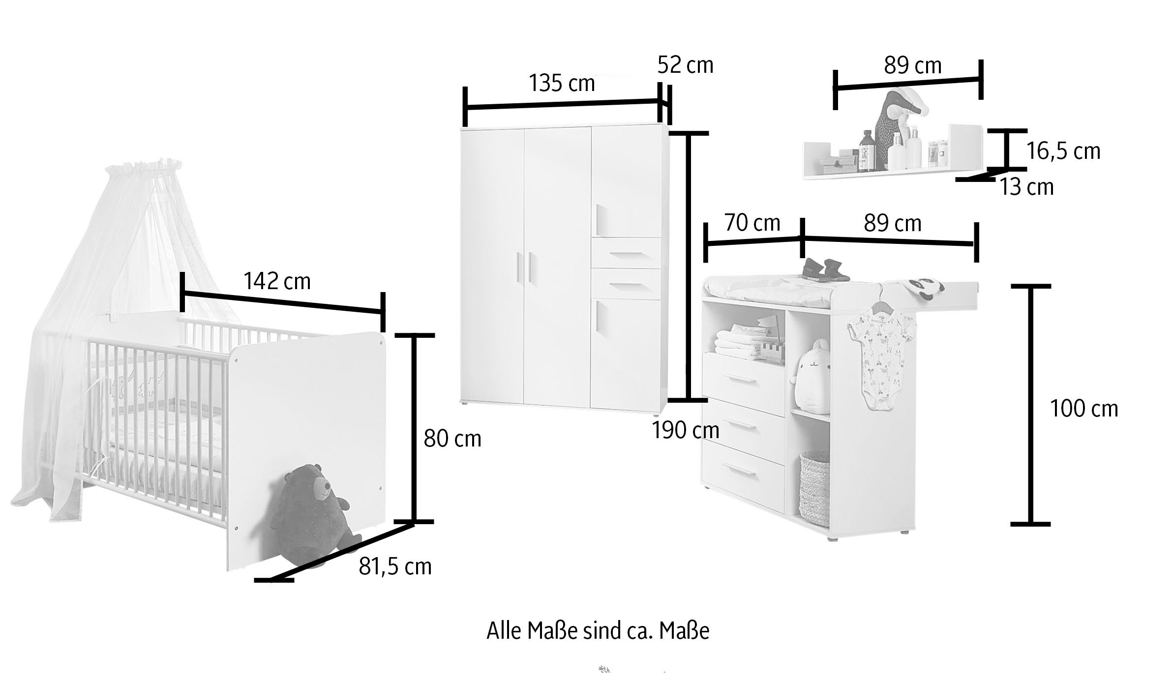 BMG Möbel (Set, Wandboard Wickelkommode 4 Babyzimmer-Komplettset + + »Lea«, Schrank Bett, Wandboard), Schrank, 4-trg. St., + Wickelkommode, online Bett bestellen