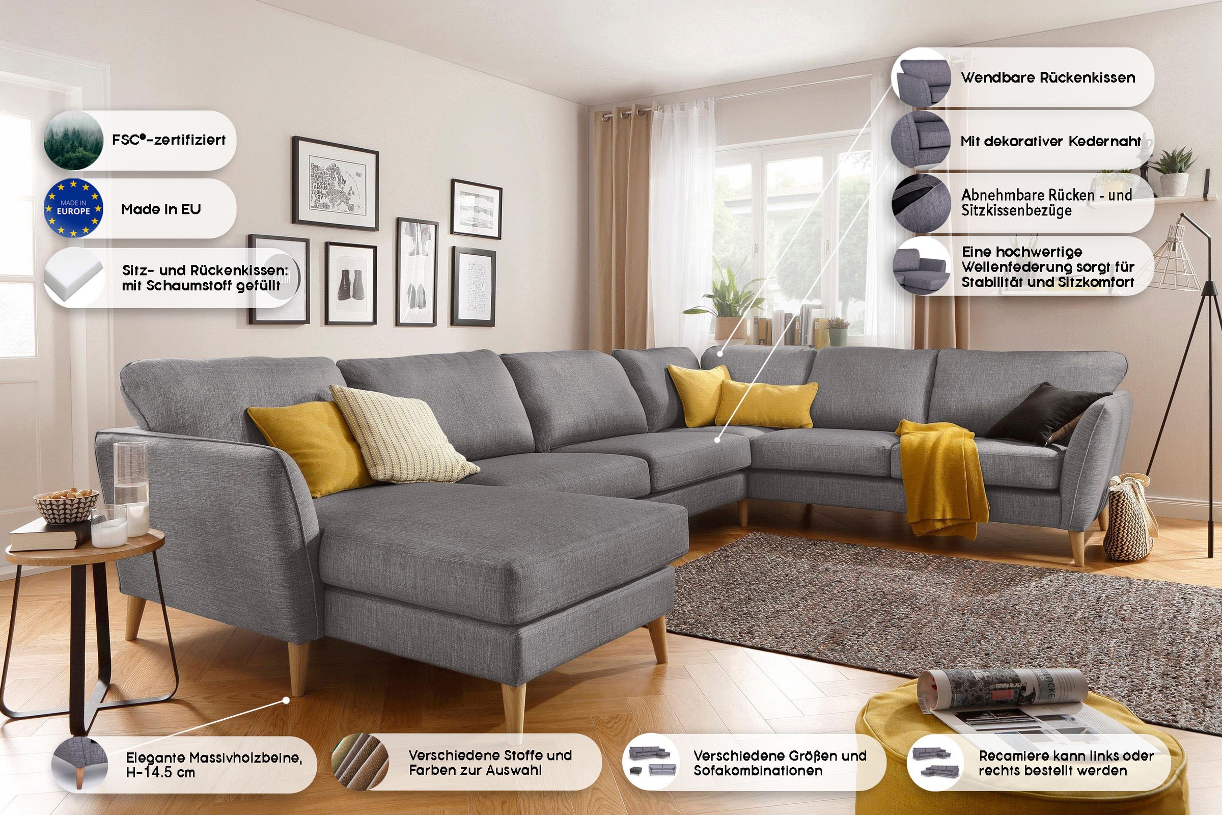 Home affaire Wohnlandschaft »MARSEILLE XXL 349cm, U-Form, Ottomane rechts/links wählbar«, Massivholzbeine Eiche, Landhausstil, Wellenunterfederung