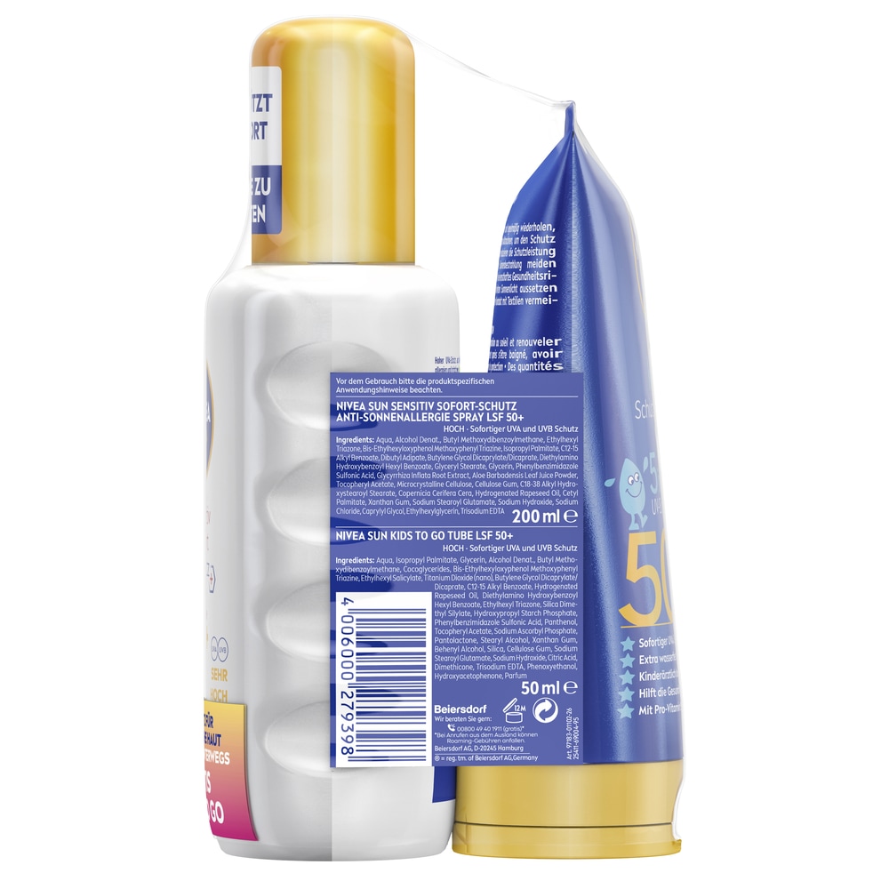 Nivea Sun Sonnenschutzspray »Sensitiv Spray  LSF50+ mit Kids To Go Größe Gratis« mit Aloe Vera & Antioxidantien, duftfrei, wasserfest