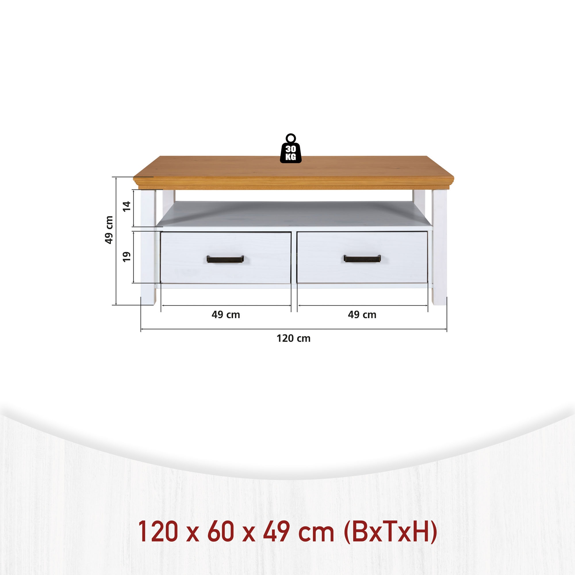 Inter Link Couchtisch »Couchtisch Maluno« 1 Stk. tlg. Kiefer Massiv, Soft-Close, Stauraum, BxTxH: ca. 119,40 x 60 x 49 cm