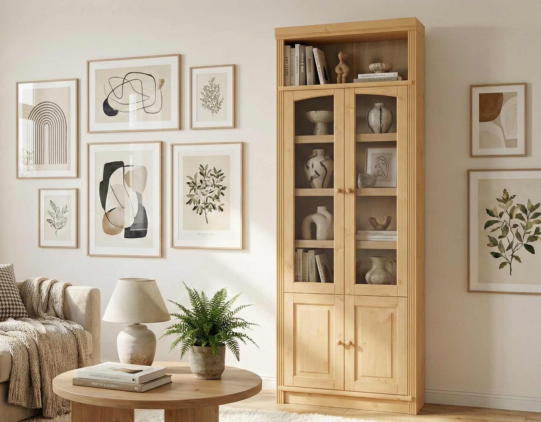 OTTO home Vitrine »Soeren Regal mit 2 Glastüren und 2 Holztüren, B/TH: 80/29/220 cm« Kiefer FSC®-zertifiziert, 1 offenes Fach, 6 Fächer hinter den Türen