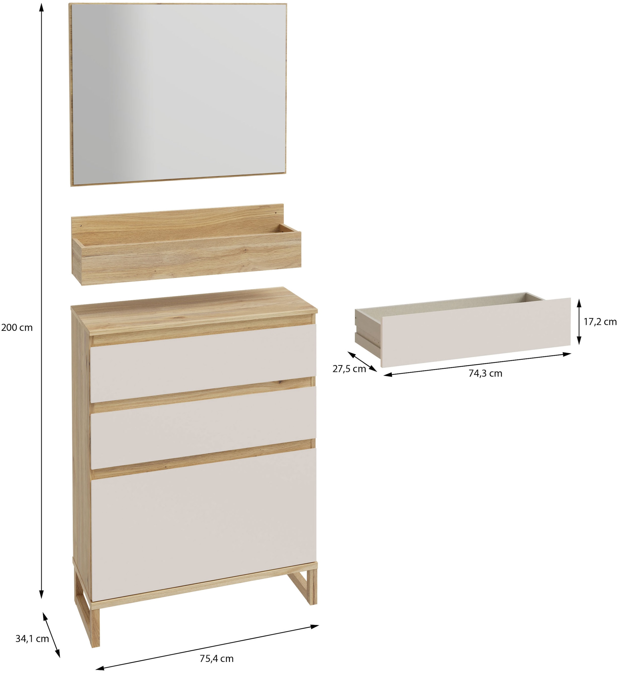 FORTE Garderoben-Set, (3 St.), Kompaktgarderobe mit Spiegel, Regal und Kommode mit Schuhkorb