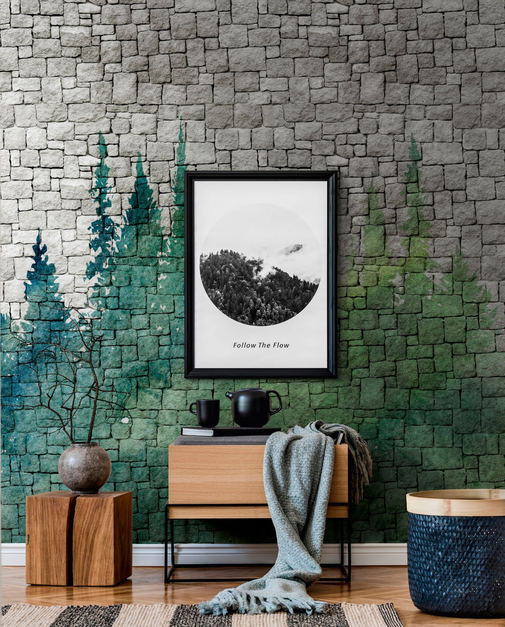 living walls Fototapete »The Wall«, Steinoptik-Wald-Motiv, Fototapete Wald Tapete Steinoptik Tapeten Wohnzimmer modern Design