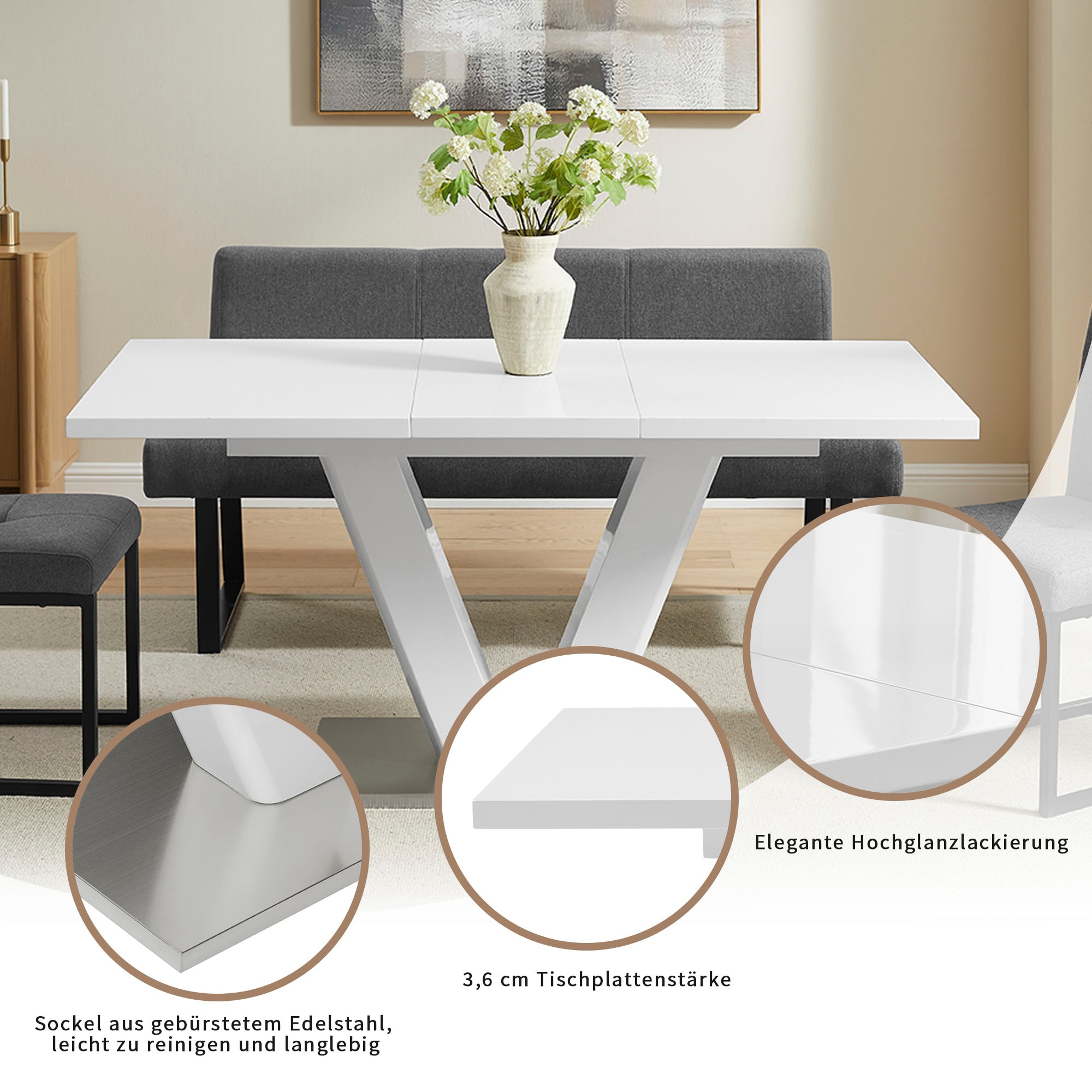 OTTO home Essgruppe »Gellina« Set, 4 tlg. ausziehbarer Esstisch, Freischwinger, Sitzbank mit Rückenlehne