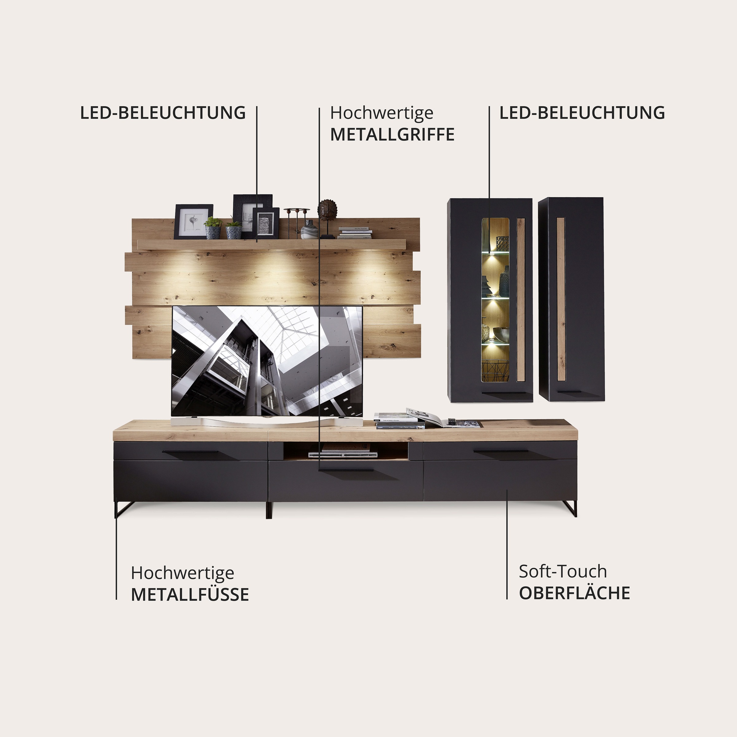 Innostyle Wohnwand »Loft Two, TOPSELLER!«, (5 St., TV-Wand), inkl. LED-Beleuchtung