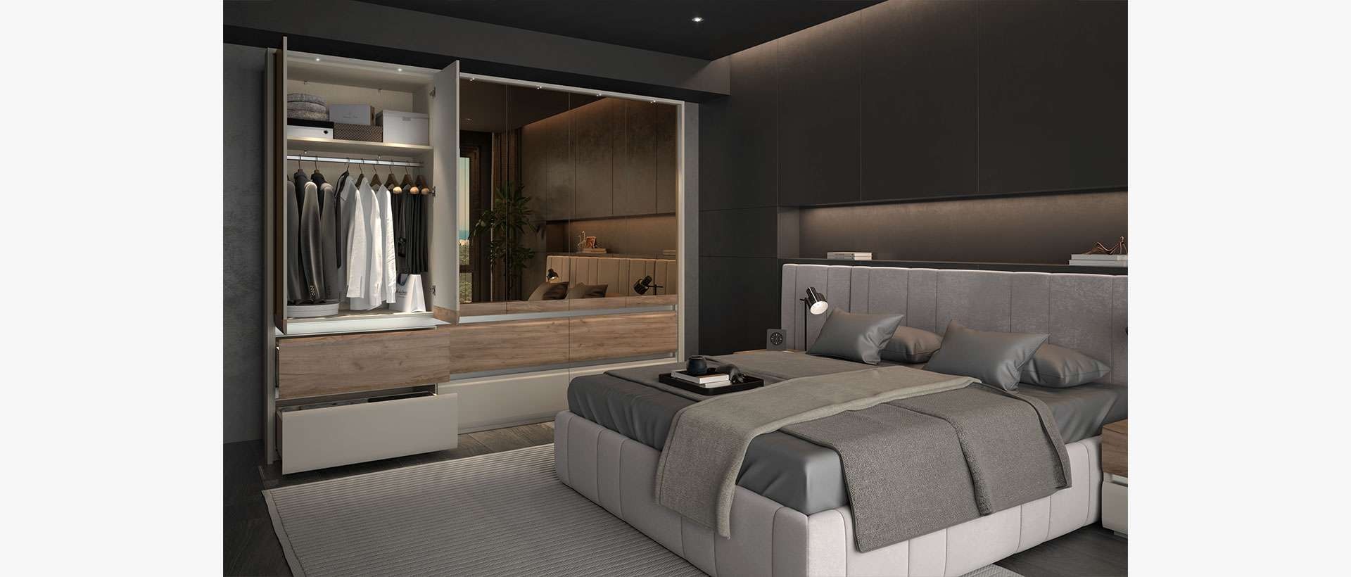 Places of Style Kleiderschrank »Invictus, UV lackiert, FSC-zertifiziert, grifflose Optik«, (abgerundete Schubladen aus MDF im Holzdekor, soft-close), mit Beleuchtung, Türen komplett verspiegelt, hoher Schrank (226cm)
