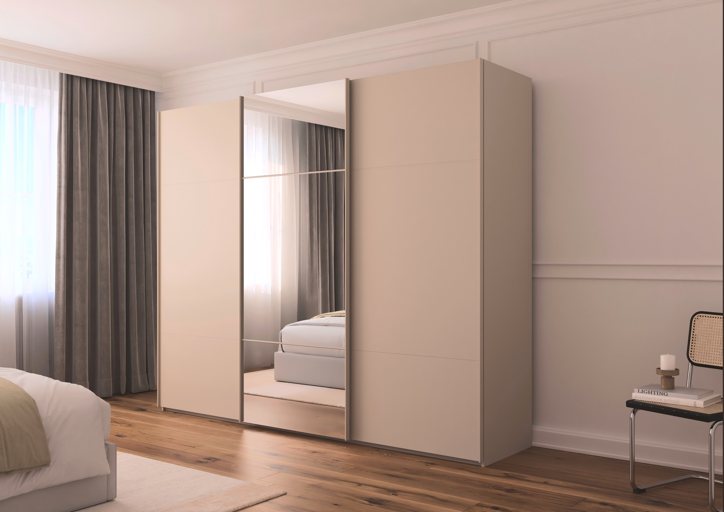 rauch Schwebetürenschrank »Kleiderschrank Schrank Garderobe Schlafzimmerschrank SCALE-TRIO«, edle dreigeteilte Front mit 2 Zierleisten und Spiegel MADE IN GERMANY