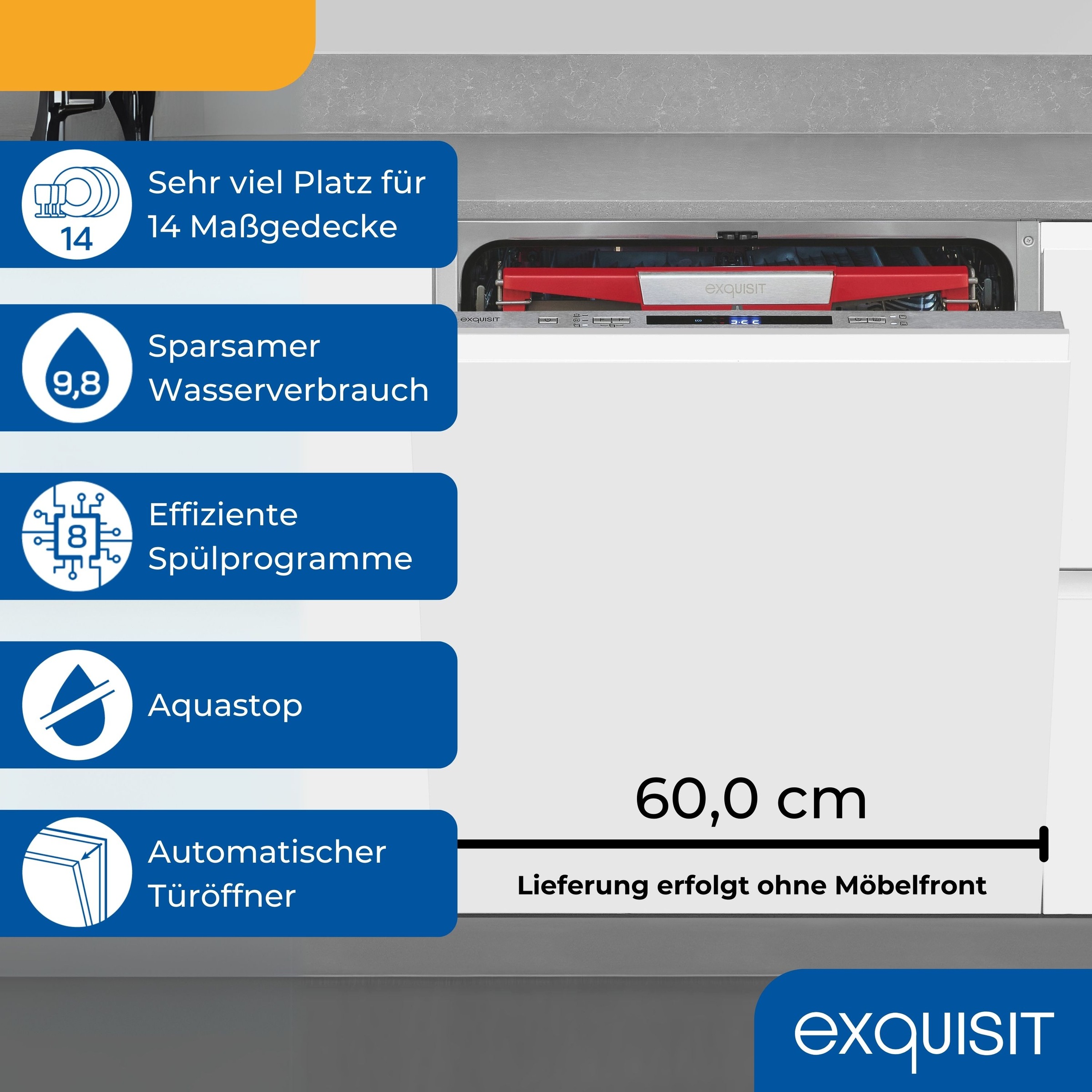 exquisit vollintegrierbarer Geschirrspüler 9614 »EGSP9614-E-031B« 9,8 l 14 tlg. Maßgedecke AquaStop-Vollwasserschutz schützt vollständig vor Wasserschäden