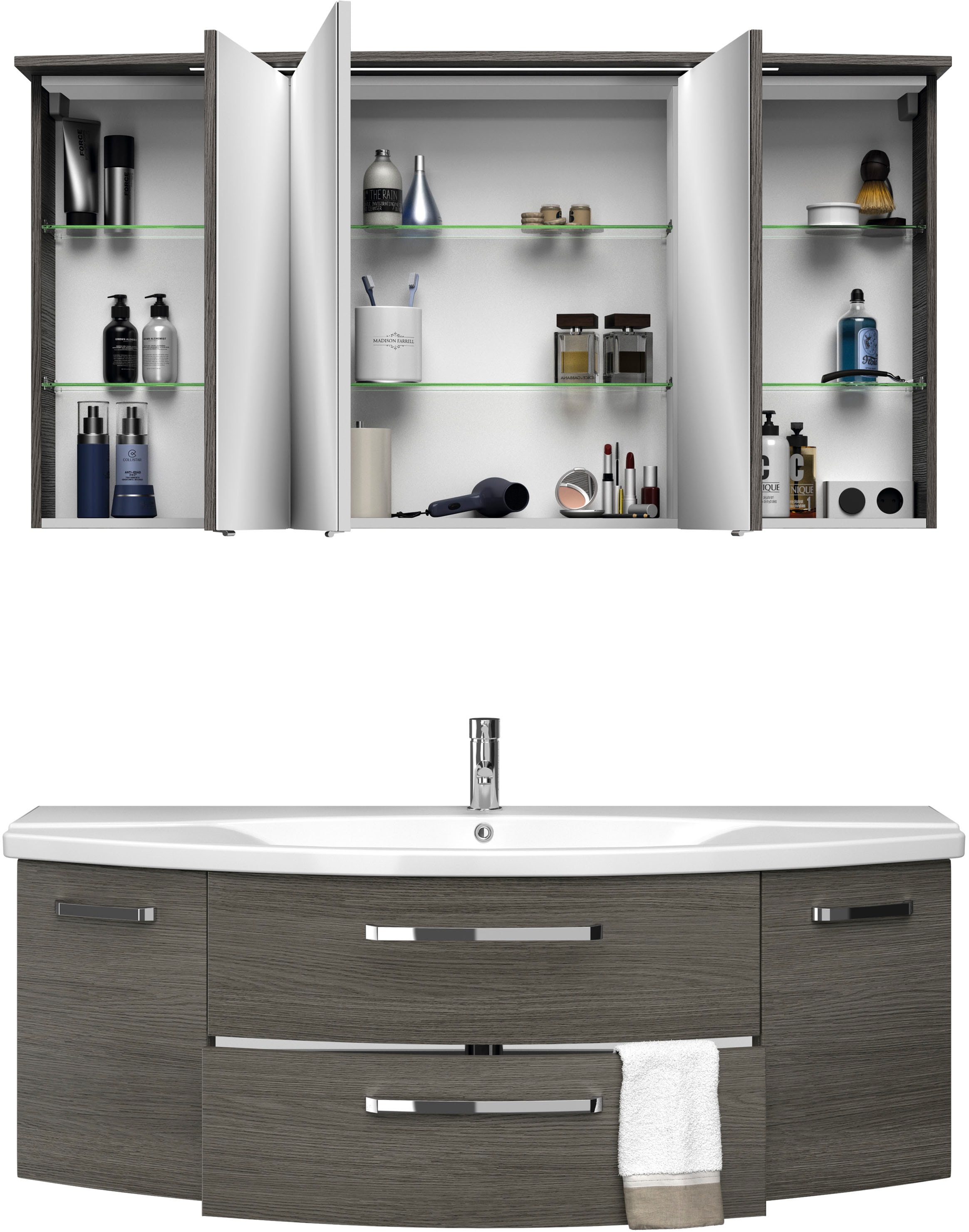 Saphir Badmöbel-Set »Serie 4010 2-teilig Keramik-Waschtisch mit LED-Spiegelschrank«, (Set), Badezimmer Set 144 cm breit, inkl. Türdämpfer, 5 Türen, 2 Schubladen