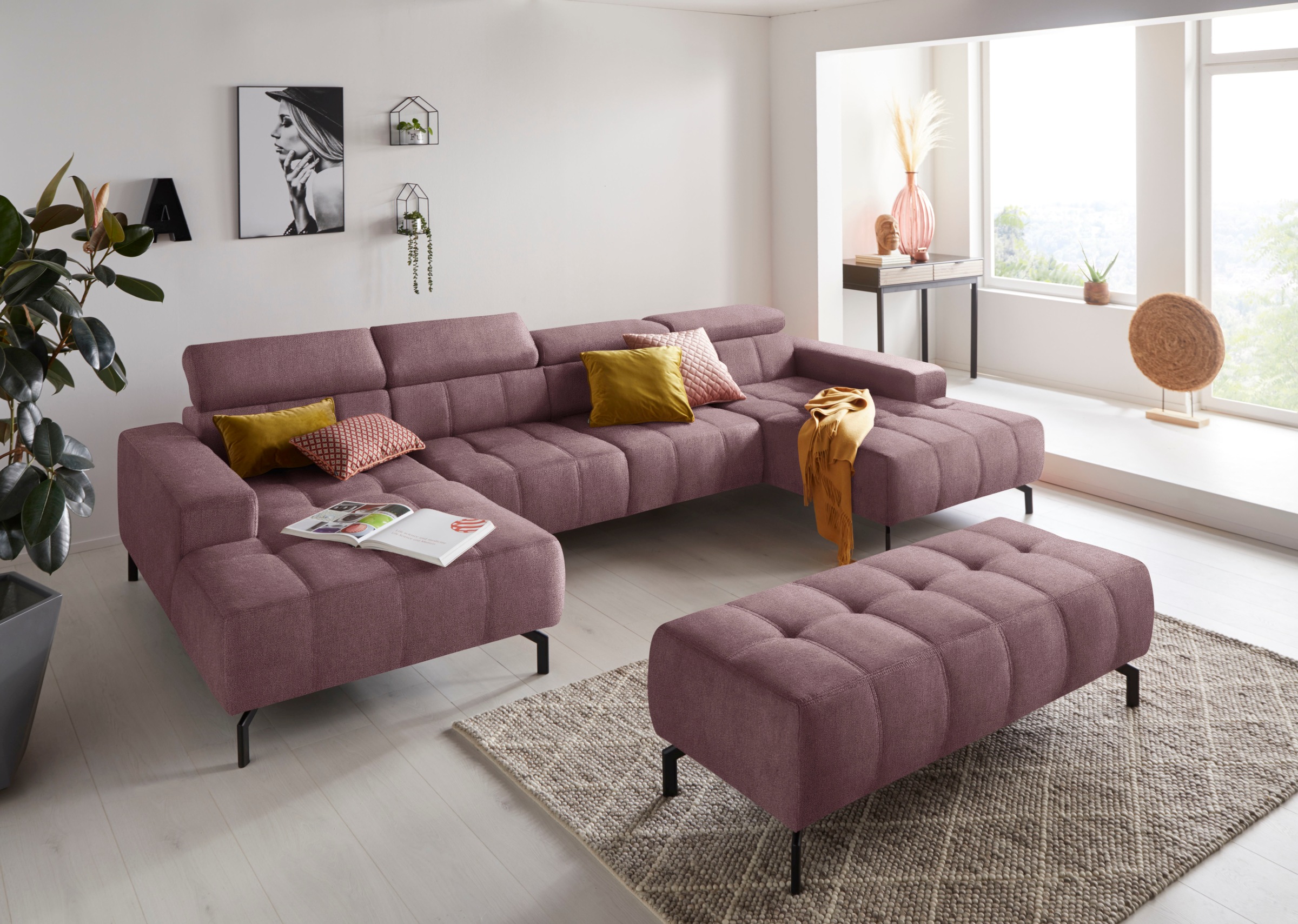 DOMO collection Wohnlandschaft »Cunelli tolle Sitznähte als Designelement, fester Sitzkomfort, U-Form«, wahlweise mit Kopfteilverstellung, bodenfrei