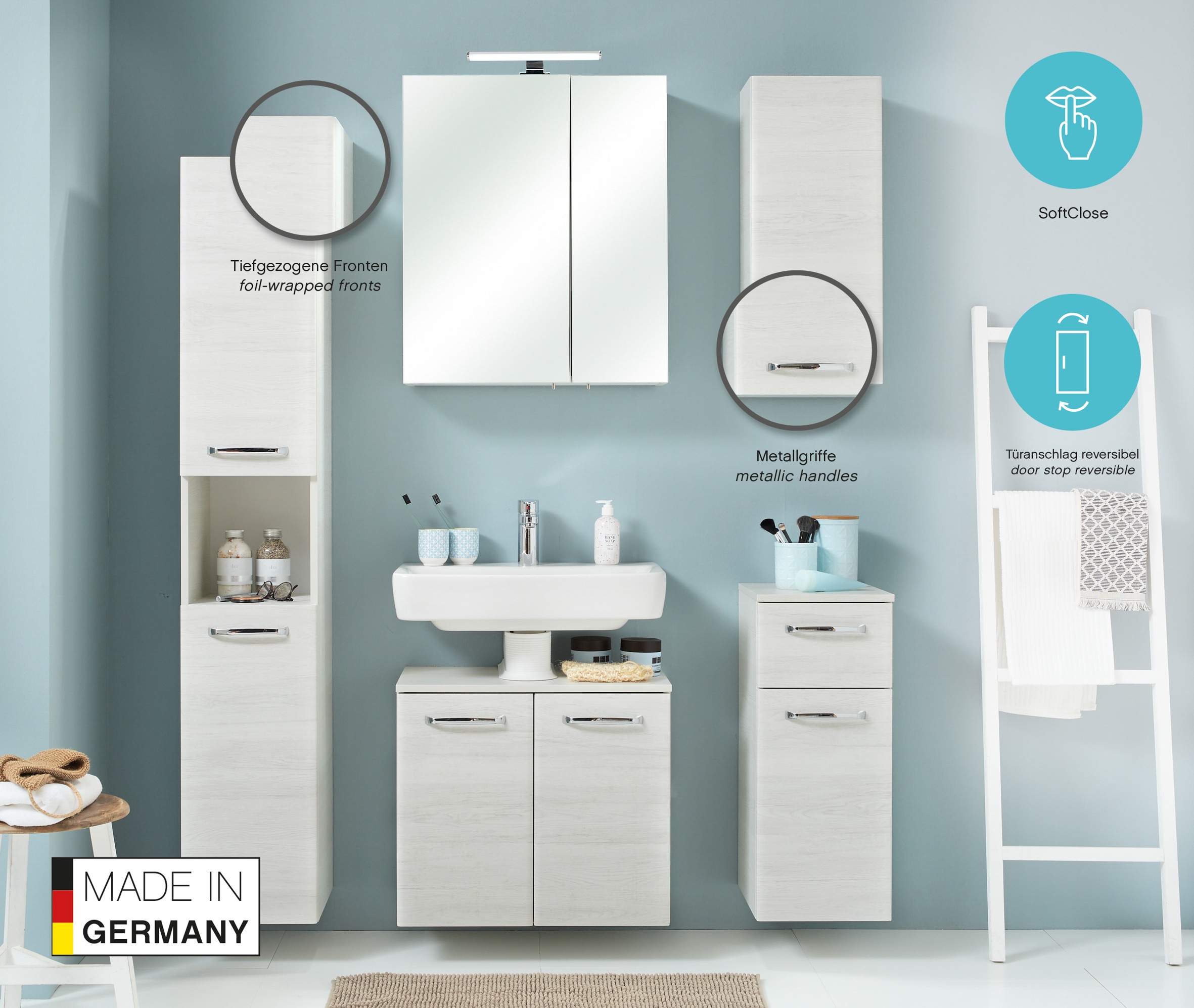 Saphir Hängeschrank »Quickset Wand-Badschrank 30 cm breit mit 1 Tür und 2 Glas-Einlegeböden« Badezimmer-Hängeschrank inkl. Türdämpfer, Griffe in Chrom Glanz