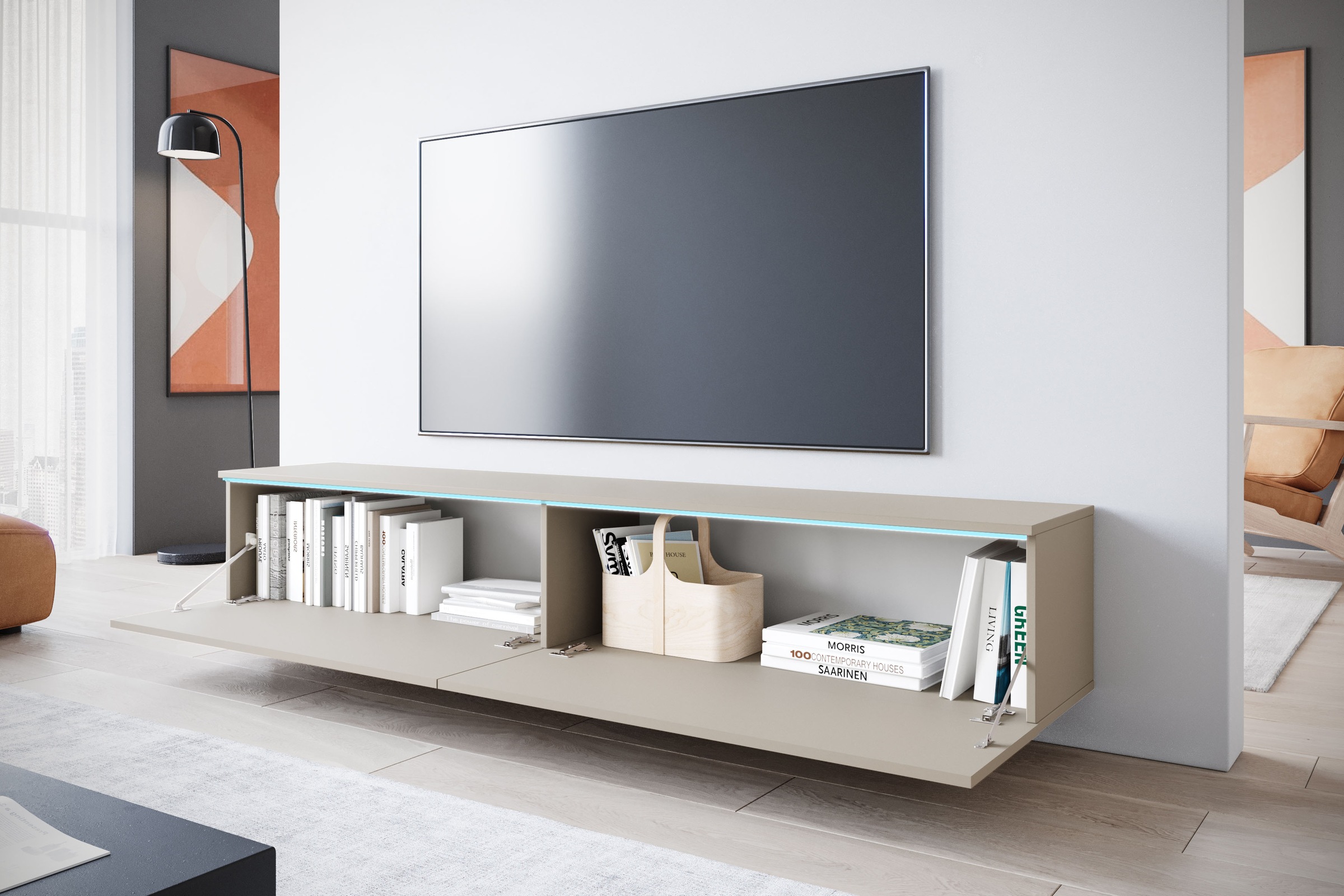 INOSIGN Lowboard »LOWBOARD VERA, wahlweise mit oder ohne Beleuchtung«, Modernes griffloses TV-Board, 180 cm TV-Schrank, stehend und hängend