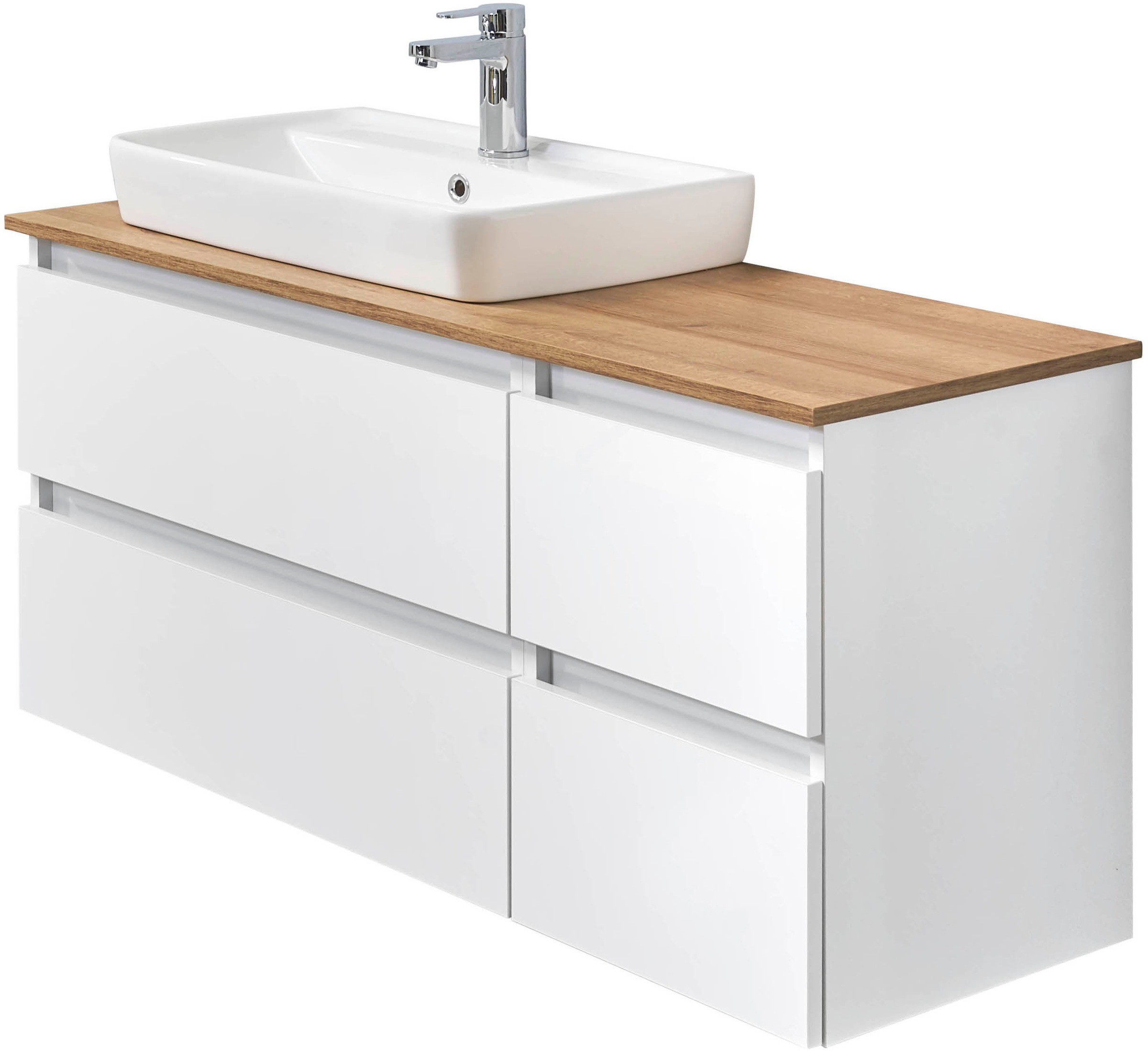 Saphir Badmöbel-Set »Quickset 360 2-teilig, mit Keramik-Aufsatzbecken und LED-Spiegel«, (Set, 2 St.), in Weiß Glanz, Riviera Eiche quer Nachbildung, 4 Schubladen