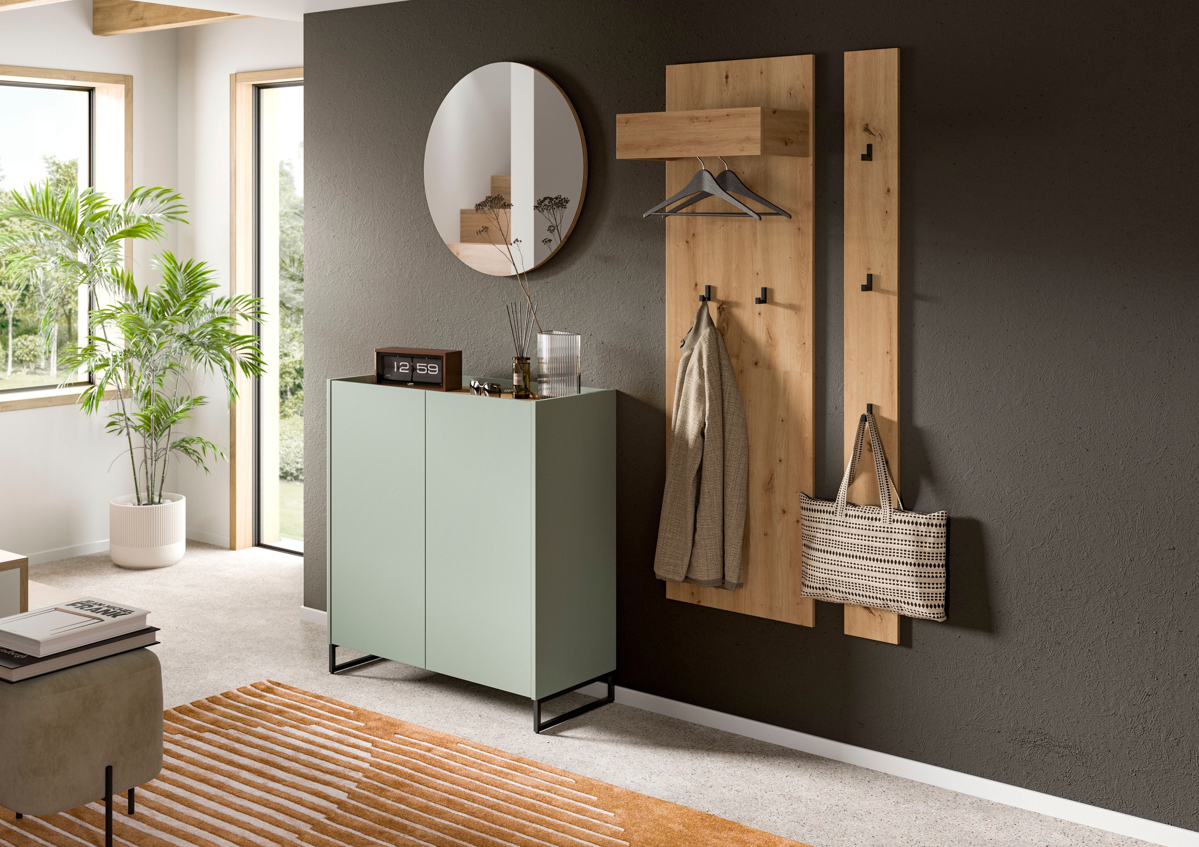 INOSIGN Schuhschrank »EVRID, Breite 90cm, 2 Türen, 5 Einlegeböden, inkl. Metall-Kufenfüße«, (1 St., individuell mit anderen Artikel der Serie EVRID erweiterbar), Schuhkommode, Kommode, Sideboard, Garderobenschrank, Flurkommode