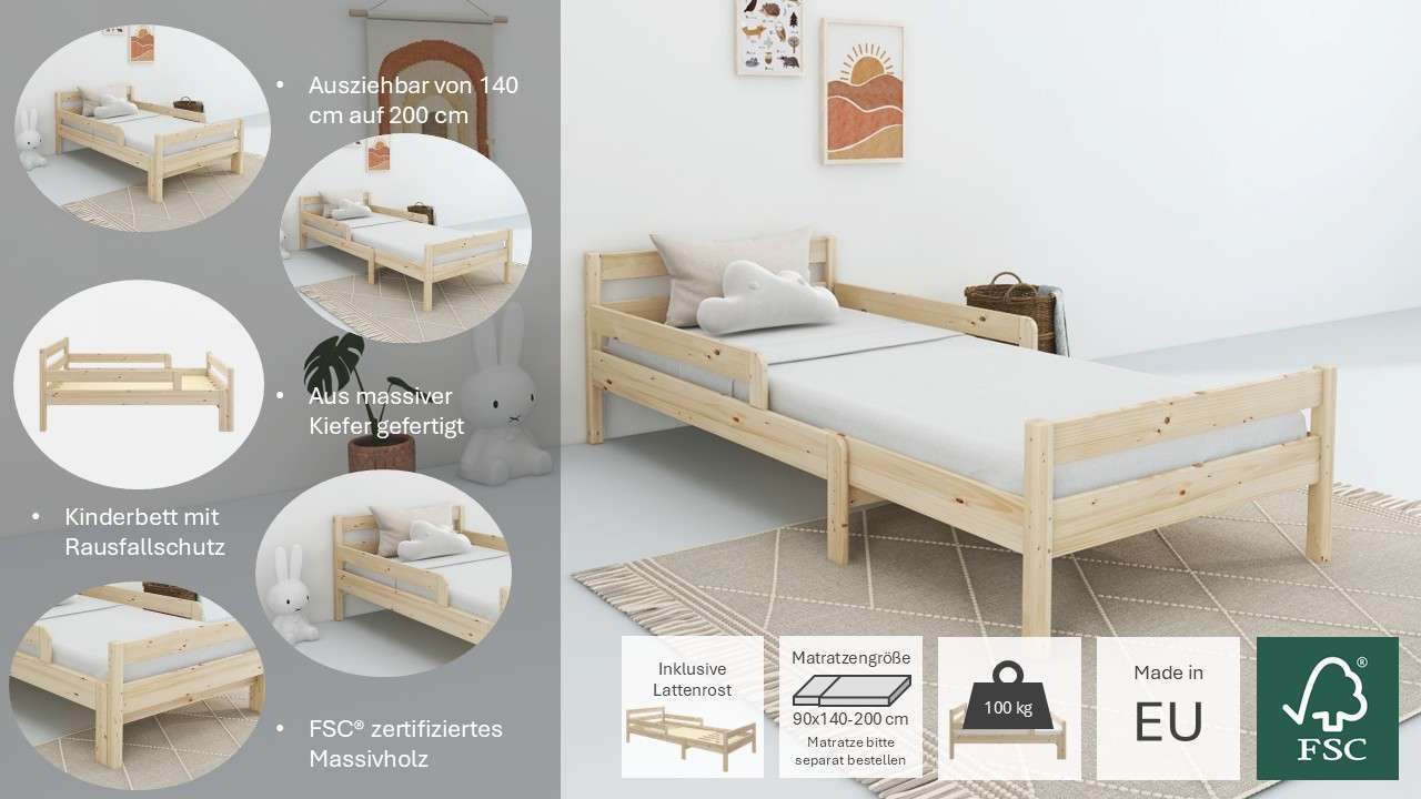 Home affaire Kinderbett »Wenke,  ausziehbar von 140 bis 200 cm, FSC®« 90cm Breite, 140-200cm Liegefläche,  massive Kiefer, mit Lattenrost, zeitlose Optik,  Rausfallschutz