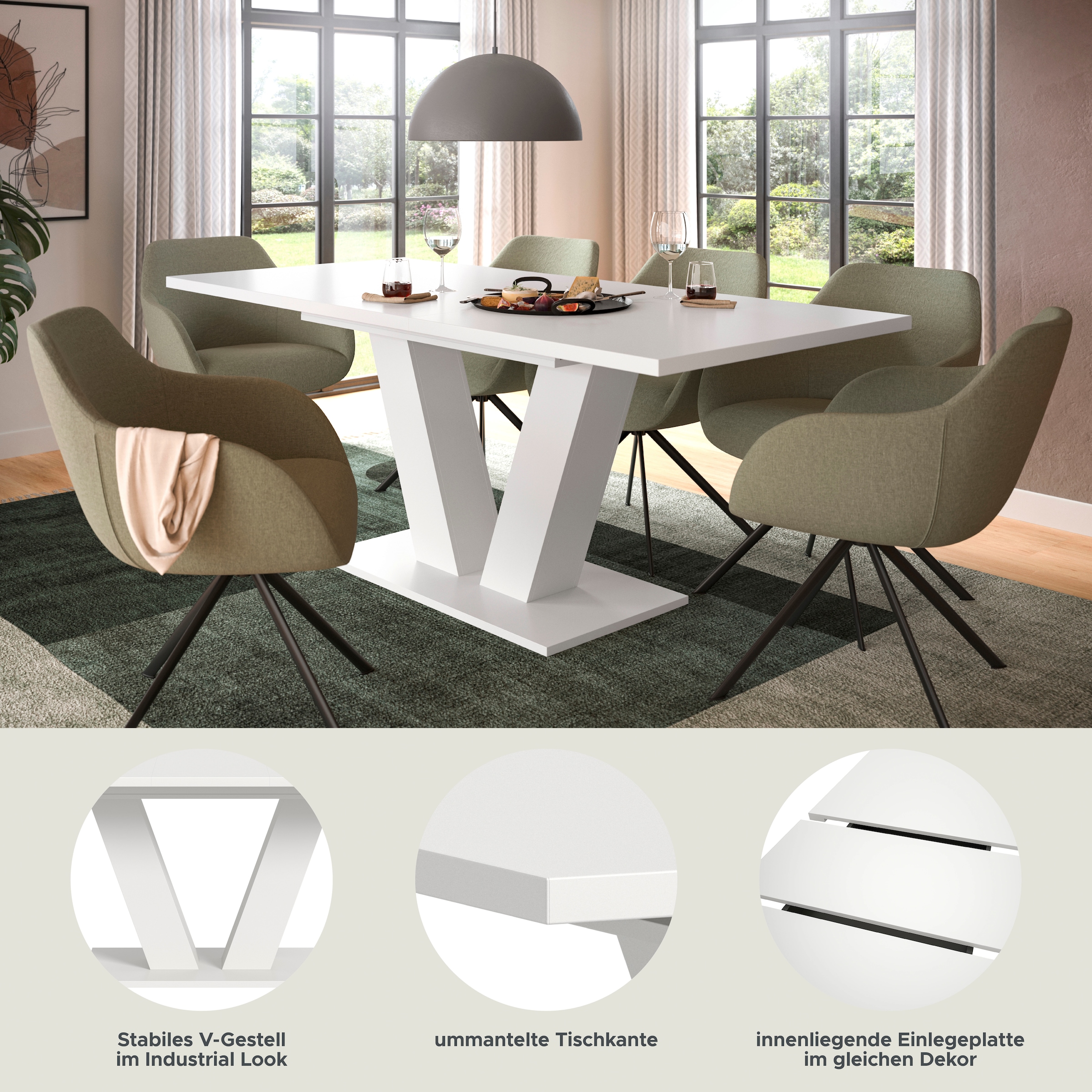 INOSIGN Esstisch »Motus, ausziehbar 150 -190 cm, inklusive 40 cm Einlegeplatte«, (Set, 1 St.), V-Gestell mit Bodenplatte, Tisch, Küchentisch, Esszimmer, Küche