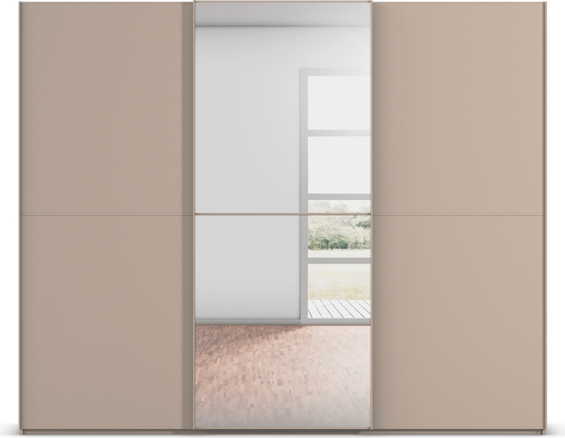rauch Schwebetürenschrank »Kleiderschrank Schrank Garderobe Schlafzimmerschrank SCALE-DUO«, edle zweigeteilte Türen, Spiegel und 3 Zierleisten MADE IN GERMANY