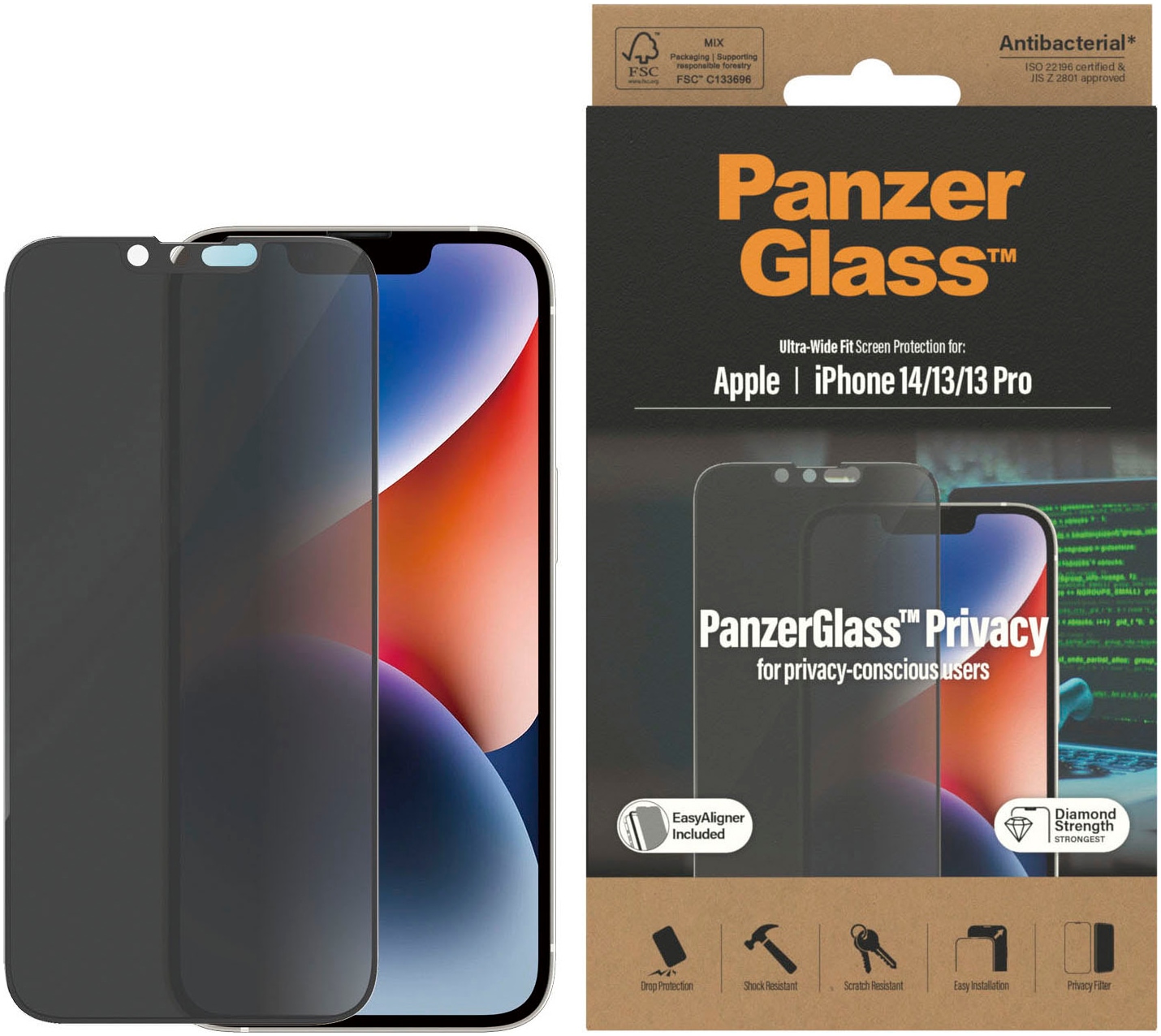 PanzerGlass Displayschutzglas »Privacy Apple iPhone 14/13/13 Pro - Ultra-Wide Fit inkl. EasyAligner«, für Apple iPhone 13-Apple iPhone 13 Pro-Apple iPhone 14, (Set, Displayschutz mit Installationshilfe EasyAligner)