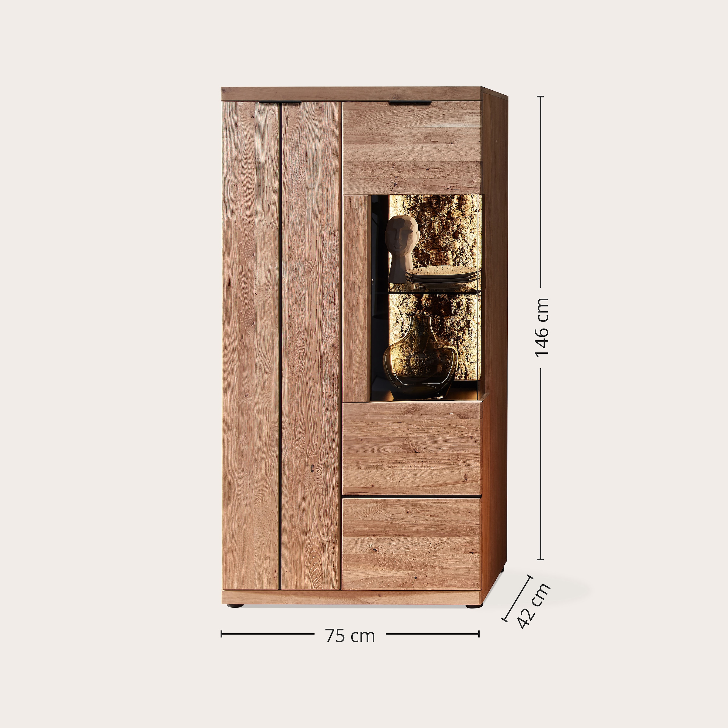 Wohnconcept Vitrine »Donna Vitrine, 75x148x42 (BxHxT)« 1 Stk. tlg. Beleuchtung bestellbar, 2 türig, Softclose, Echtkork Absetzung