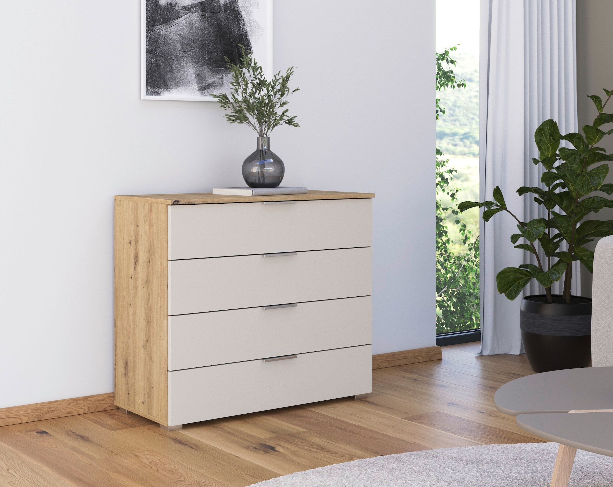 rauch Schubkastenkommode »Sideboard Schubladenkommode AGORDO mit Dekor- oder Hochglanzfront«, (in zwei Griff-Farben, Breite 80 cm), vier große und geräumige Schubladen mit viel Stauraum MADE IN GERMANY