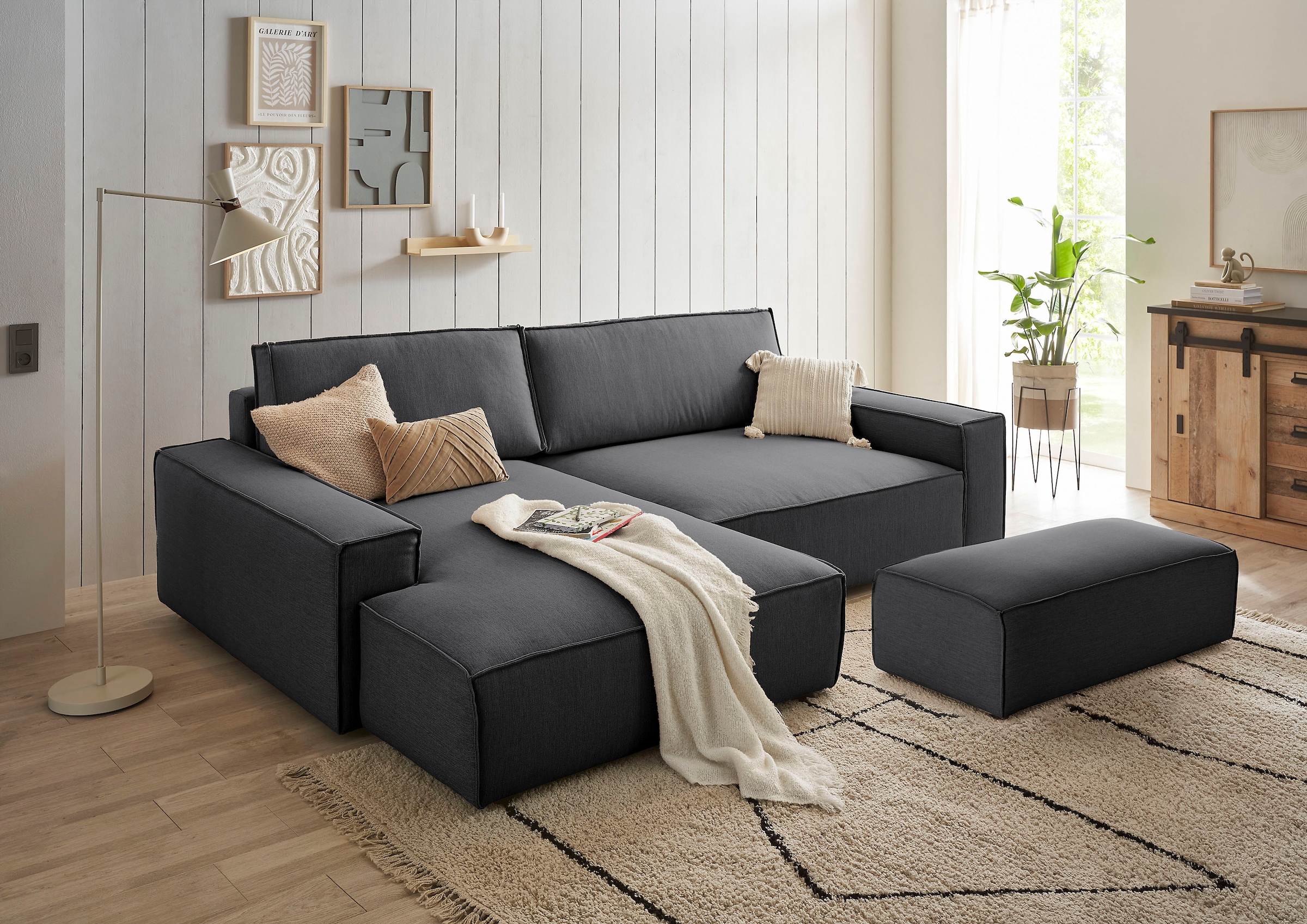 Home affaire Polsterecke »NEU: SHERWOOD XXL tief, L-Form mit Schlaffunktion, Big-Sofa mit Hocker«, (Set, 2 St.), stellbar zum Schlafsofa (Krokodilverbinder), Cord, Leinenoptik