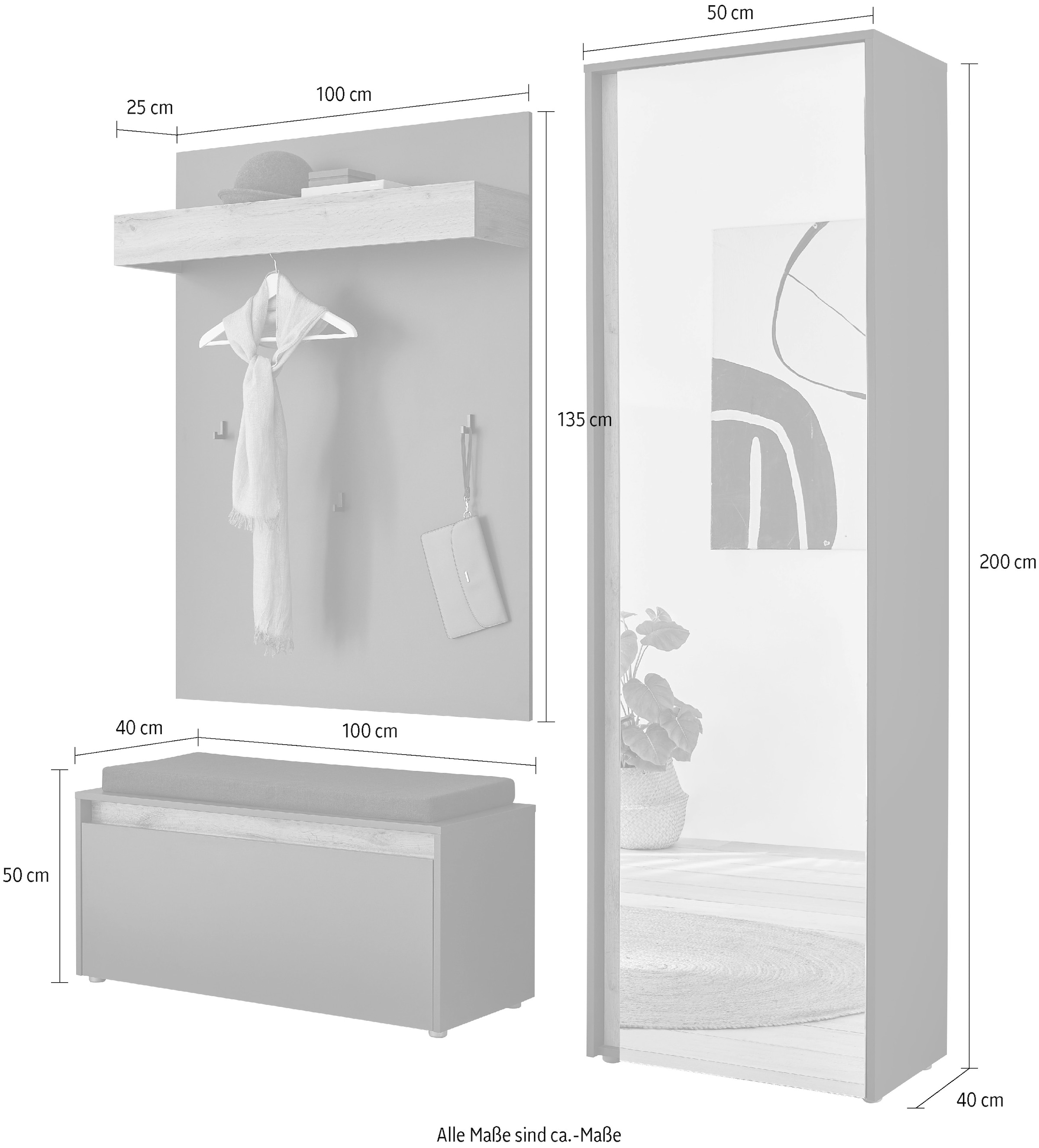 INOSIGN Garderoben-Set »GIRON/ CiTY, Garderobe in Wotan Eiche, moderner Garderobenschrank«, (Komplett-Set, 3 St.), enthält Garderobenschrank, Paneel, Schuhbank inkl. Sitzkissen