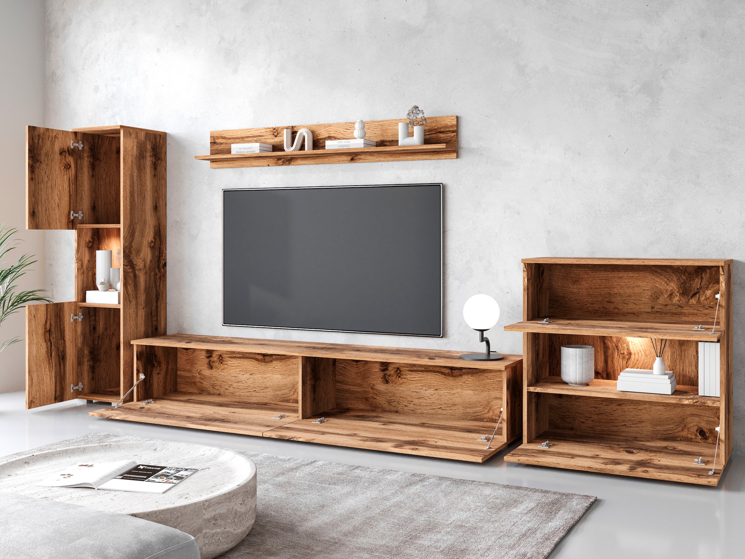 INOSIGN Wohnwand »PARIS, Vitrine Türanschlag links/rechts wechselbar«, (Komplett-Set, 4 St.), grifflose Design, stehend und hängend montierbar