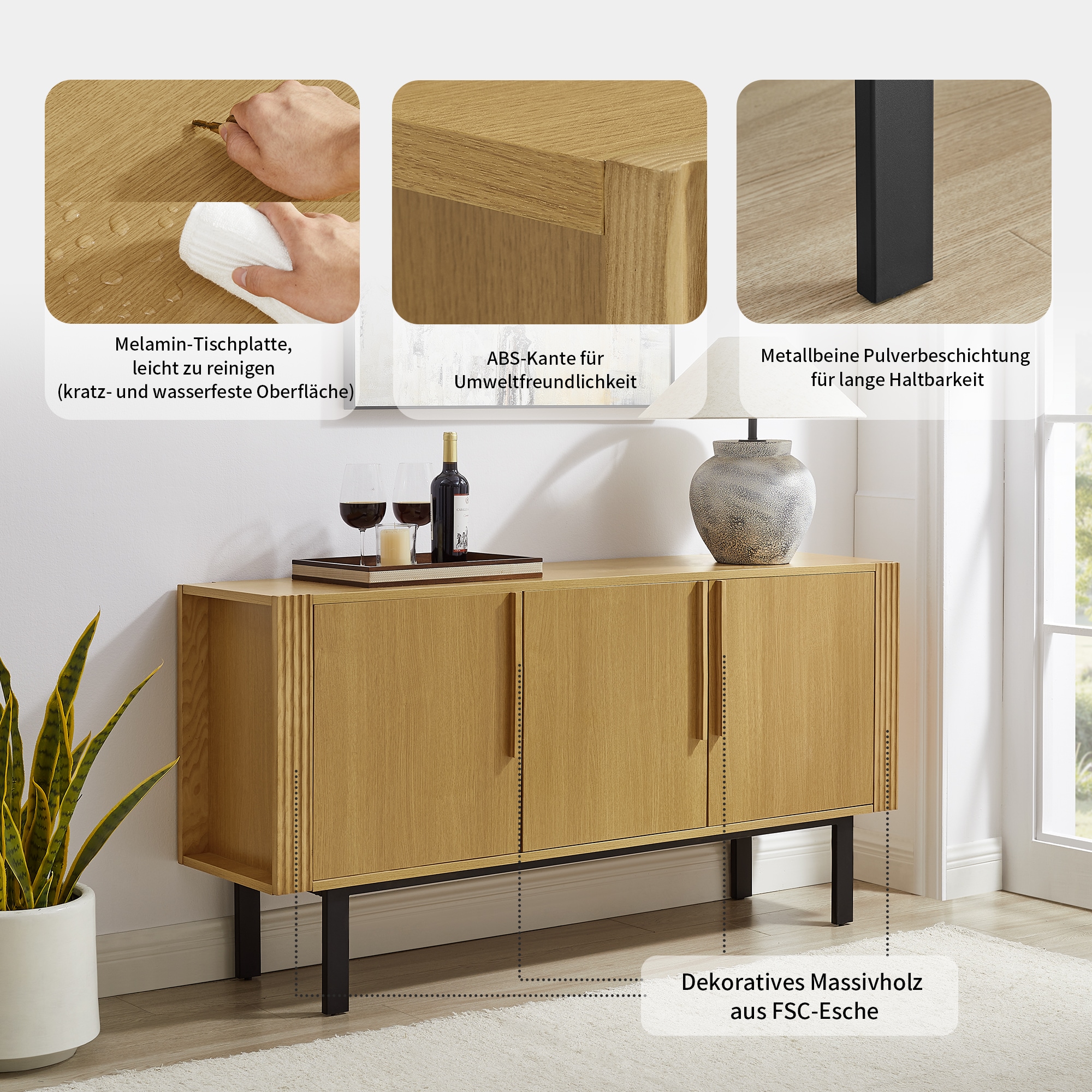 OTTO home Sideboard »Stiven« Eukalyptus und Esche, kombiniert mit Melamin, MDF und ABS-Kunststoff