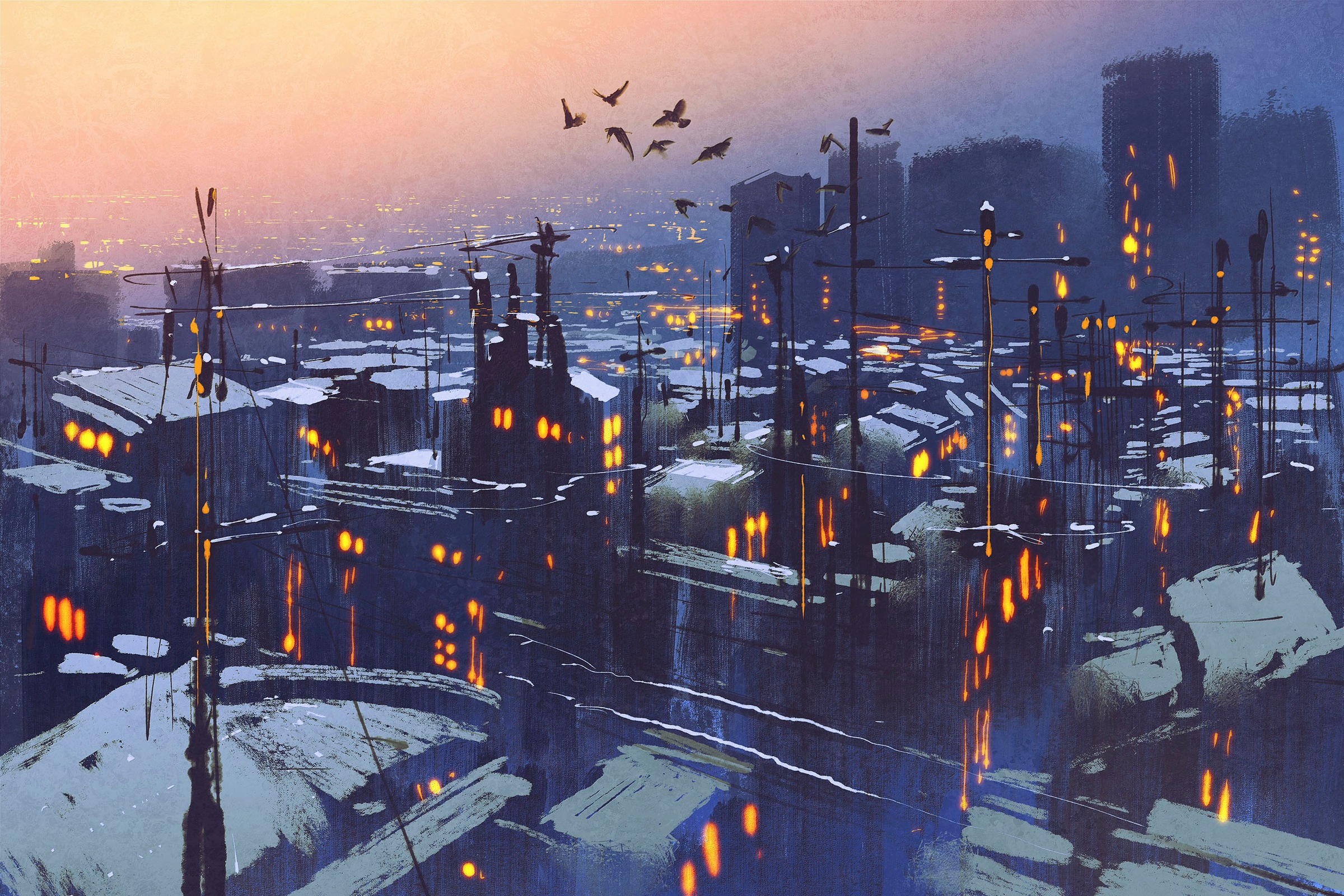 queence Leinwandbild »Stadt bei Nacht«, Vögel-Vogelbilder-Kunst-Modern-Spa- günstig online kaufen