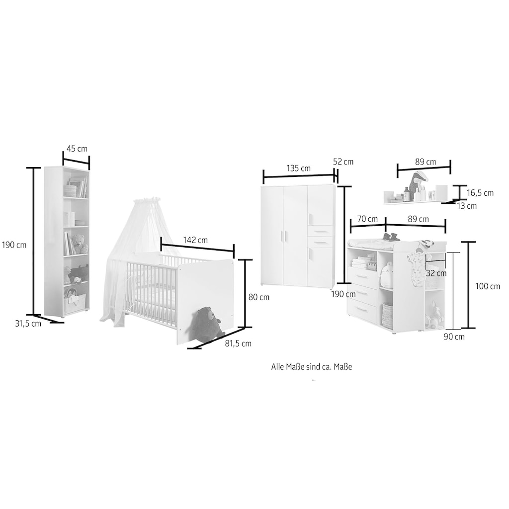 BMG Möbel Babyzimmer-Komplettset »Lea«, (Set, 7 St., Bett, Wickelkommode, Schrank, Standregal, Unterstellregal, Wandboard), Bett + Wickelkommode + 4-trg. Schrank + Standregal + Unterstellregal