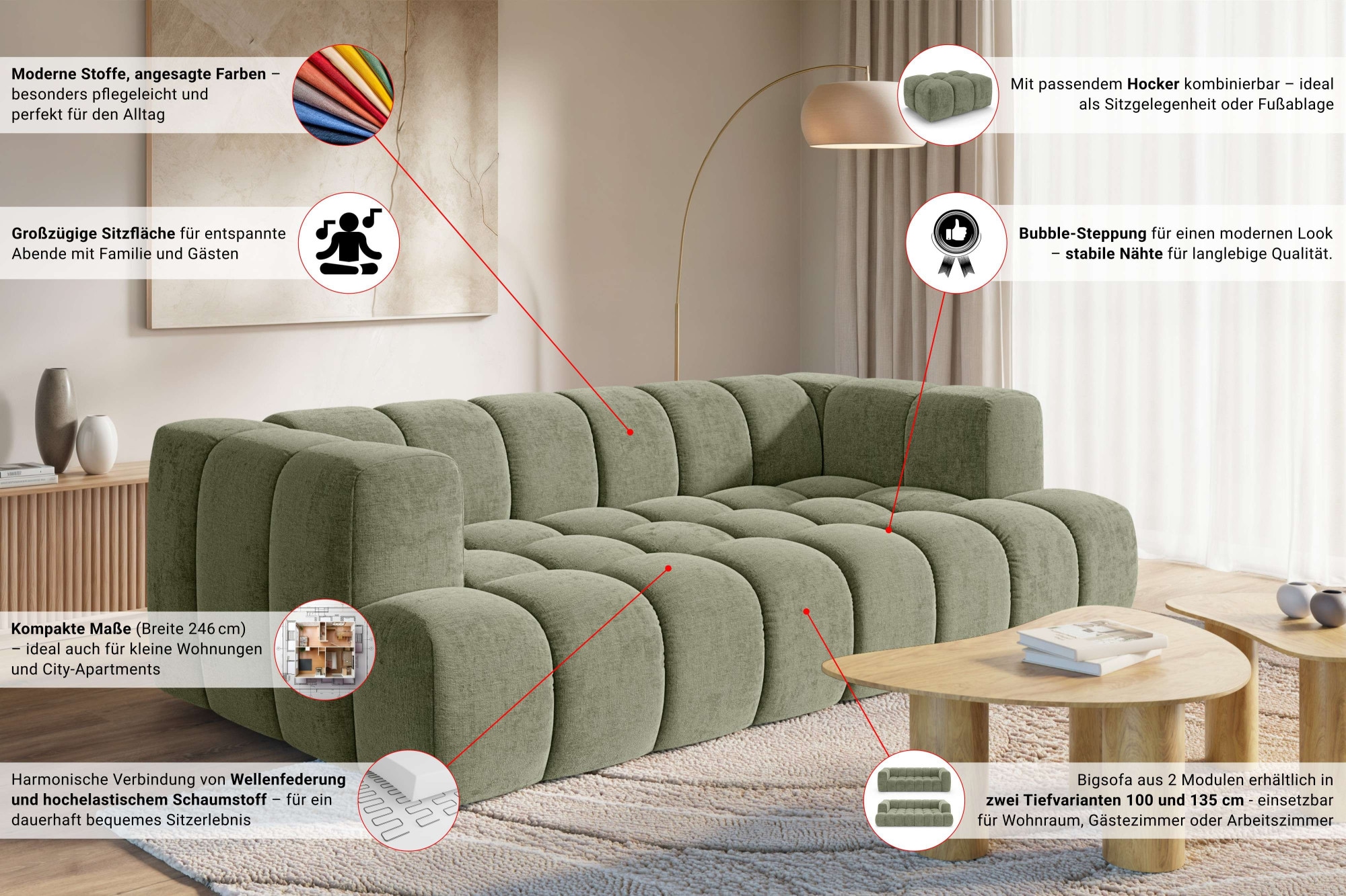 homsy by Ana Johnson Big-Sofa »XL BOUBELLE Design-Sofa extra tief, Bubble-Optik, Breite 246 cm« 4-Sitzer mit Wellenunterfederung, XL Sitztiefe 100 cm