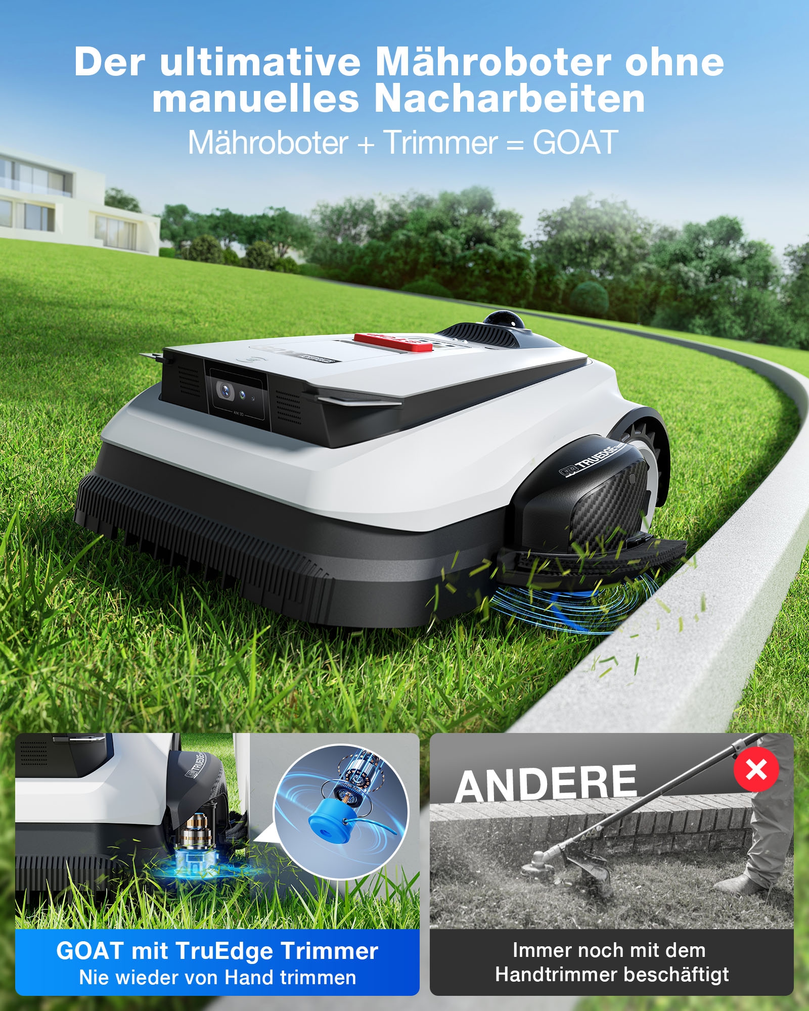 ECOVACS Rasenmähroboter »GOAT A1600 LiDAR PRO« Mäheffizienz von 400 m²/h, Trimmer (8500 rpm),   Dual-LiDAR Navigation, leistungsstarker 32-V Energieplattform