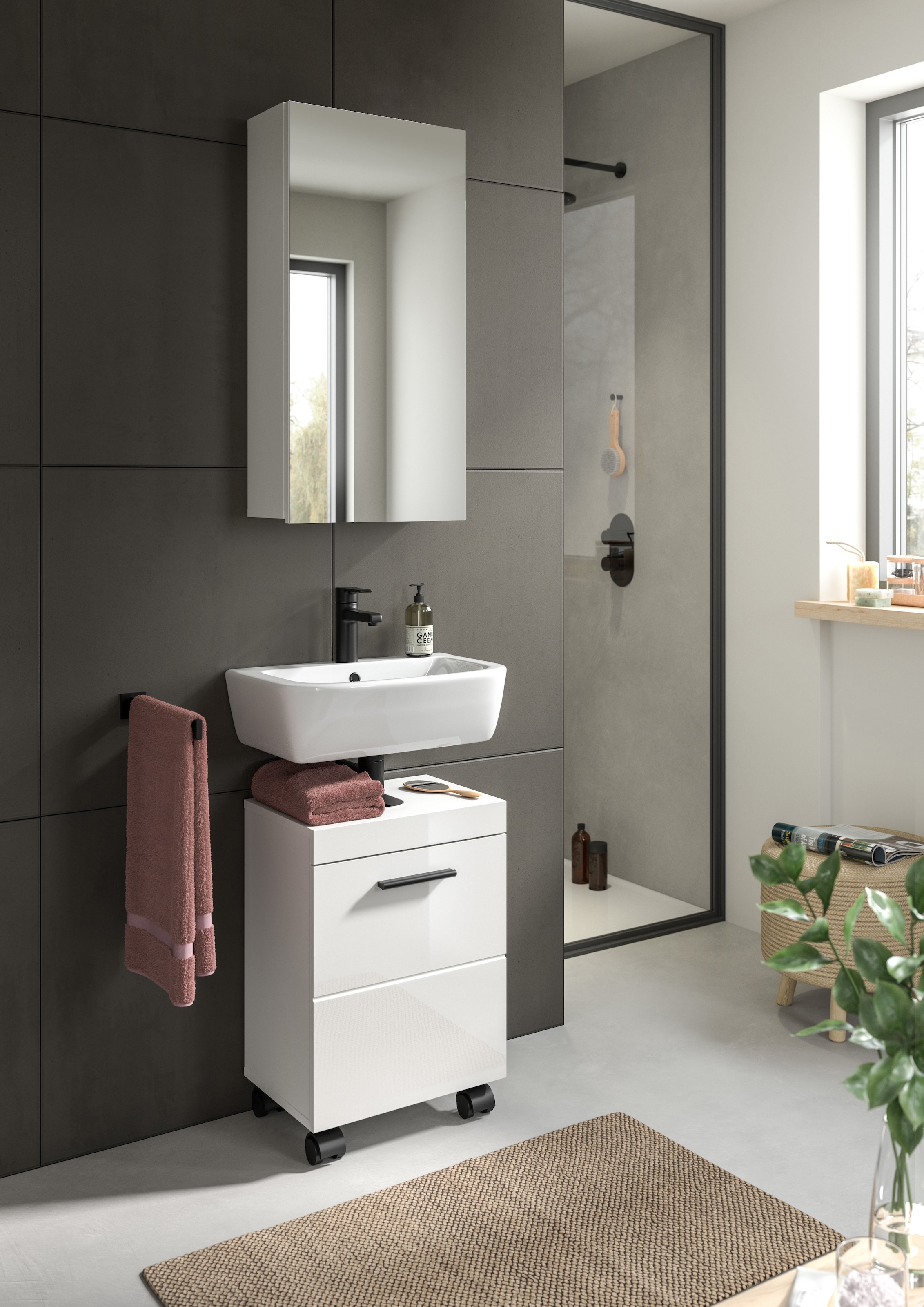 welltime Badmöbel-Set »AVON, Breite 40 cm, 2-teilige moderne Badkombination, auf Rollen« bestehend aus: Waschbeckenunterschrank & Spiegelschrank, 2 Stk. tlg.